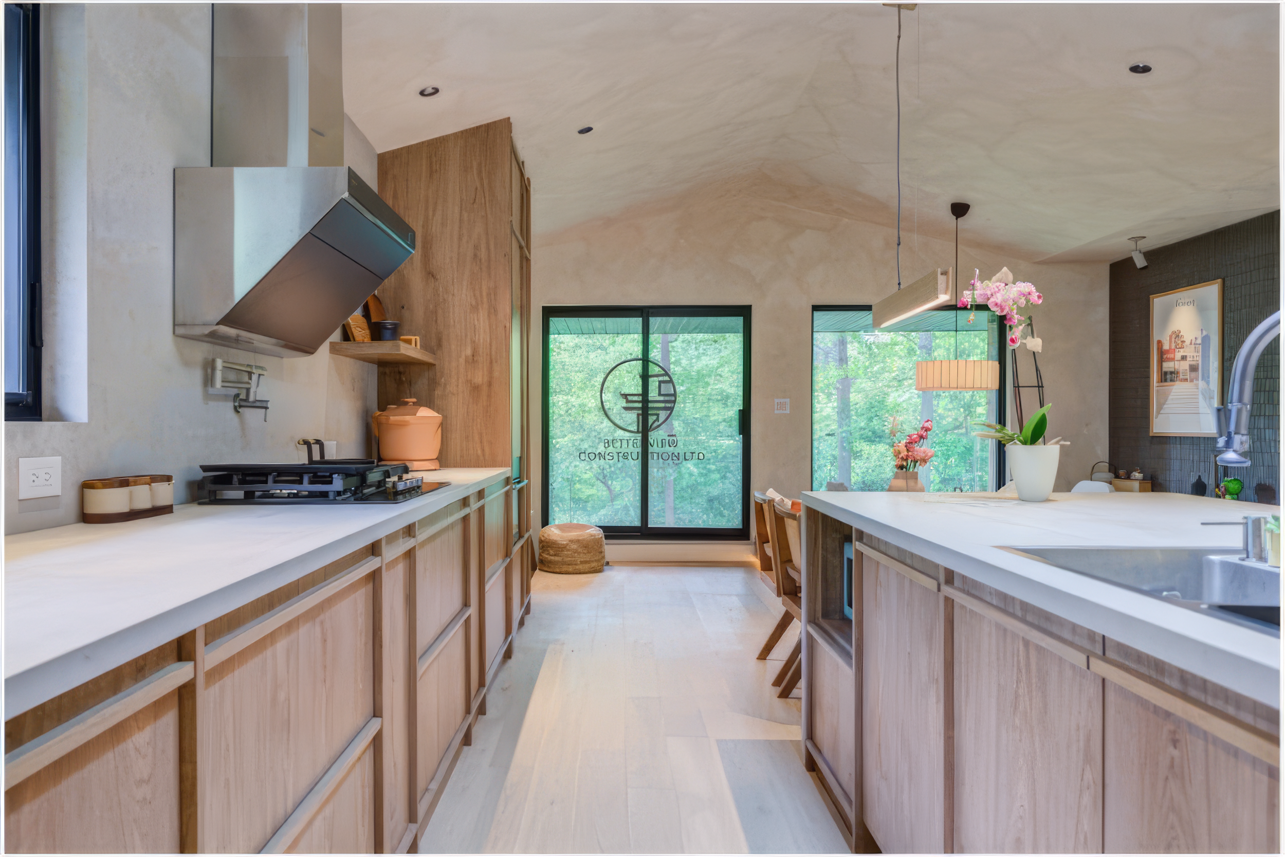 modern galley kitchen with wood cabinets and island