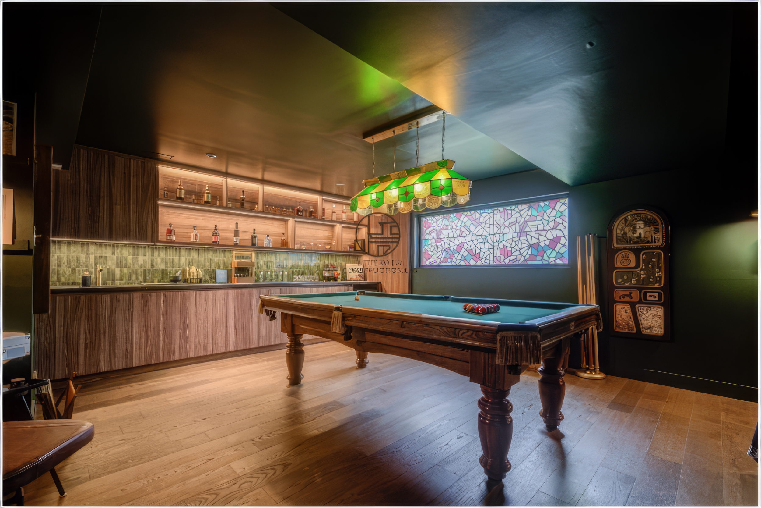 modern basement renovation with billiards table and built in bar area