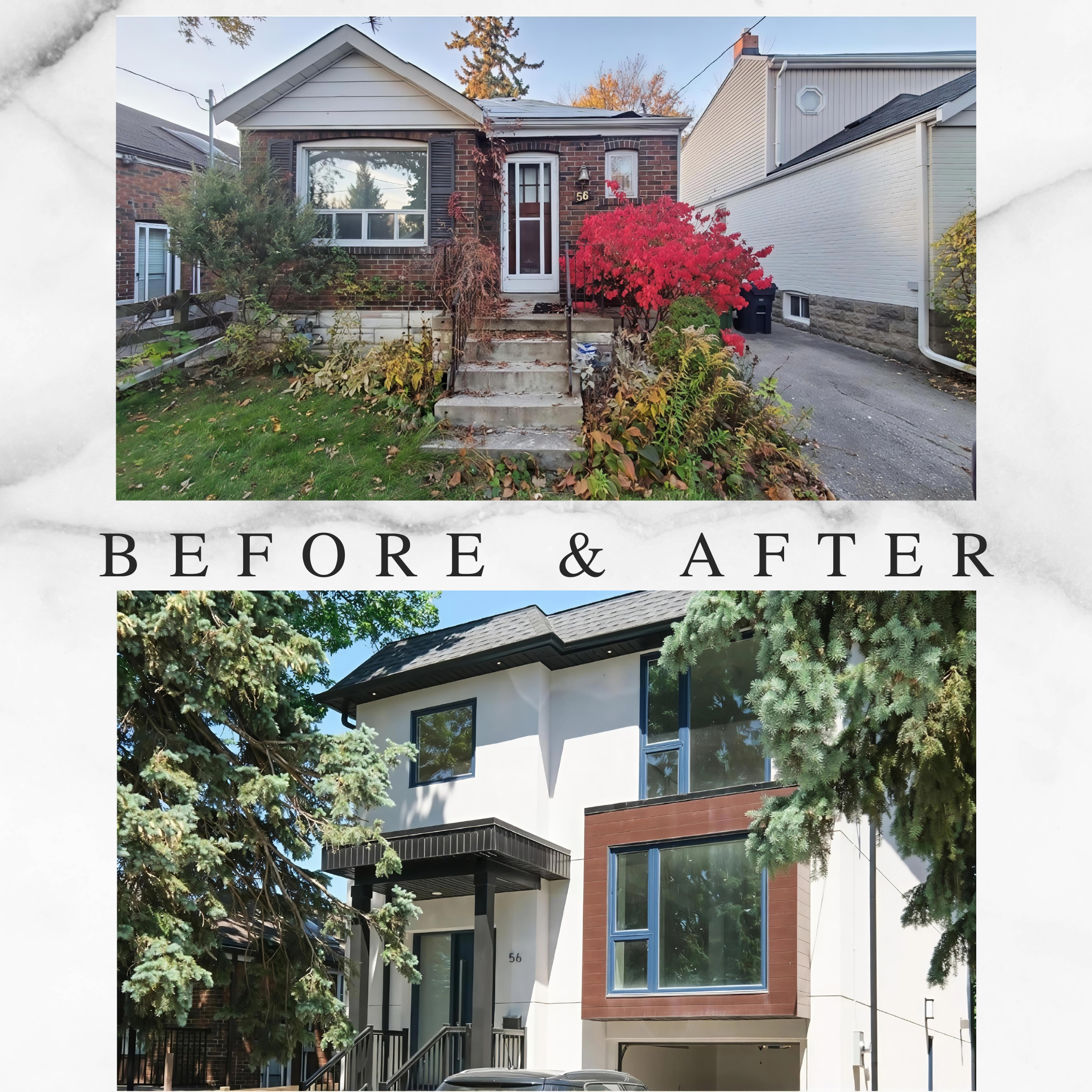 Completed home renovation and second-storey addition showcasing modern exterior design, custom cladding, and large window installation in the GTA