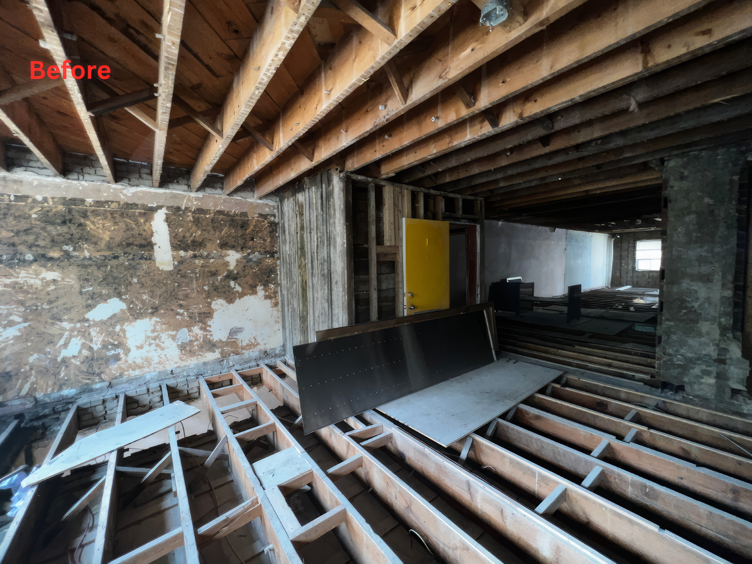 Before home renovation in Toronto showing open floor structure, exposed ceiling joists, and full interior demolition