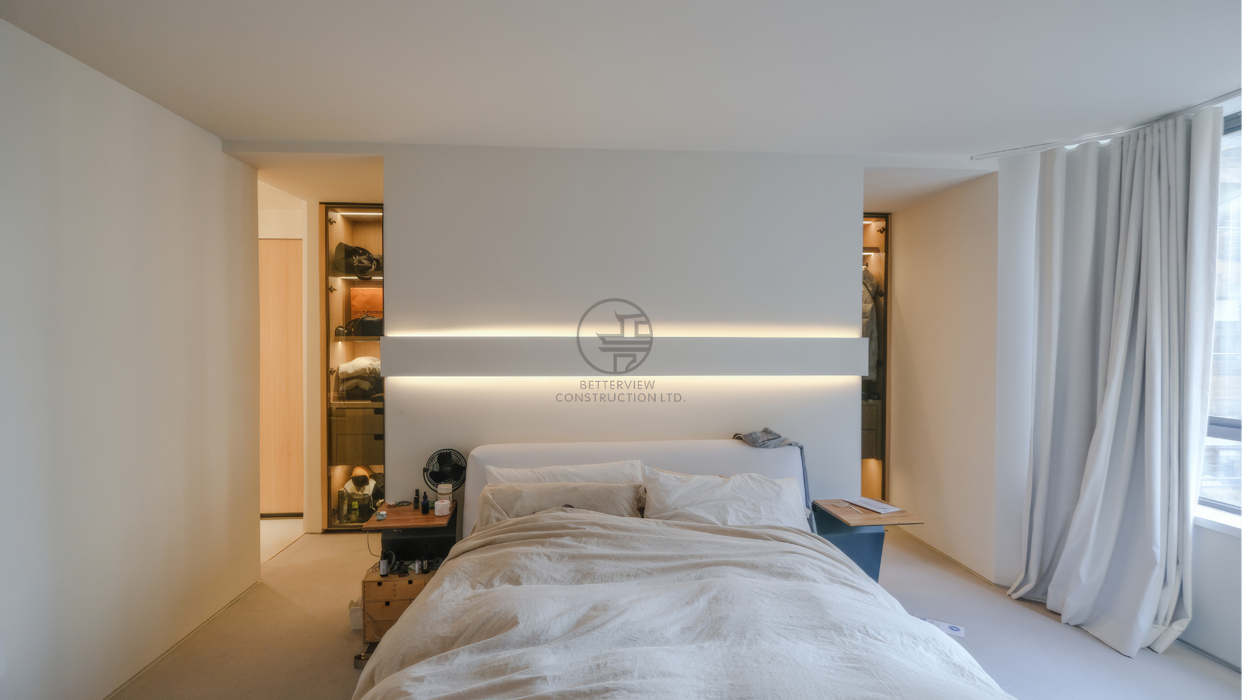 modern bedroom with LED headboard wall and minimalist design