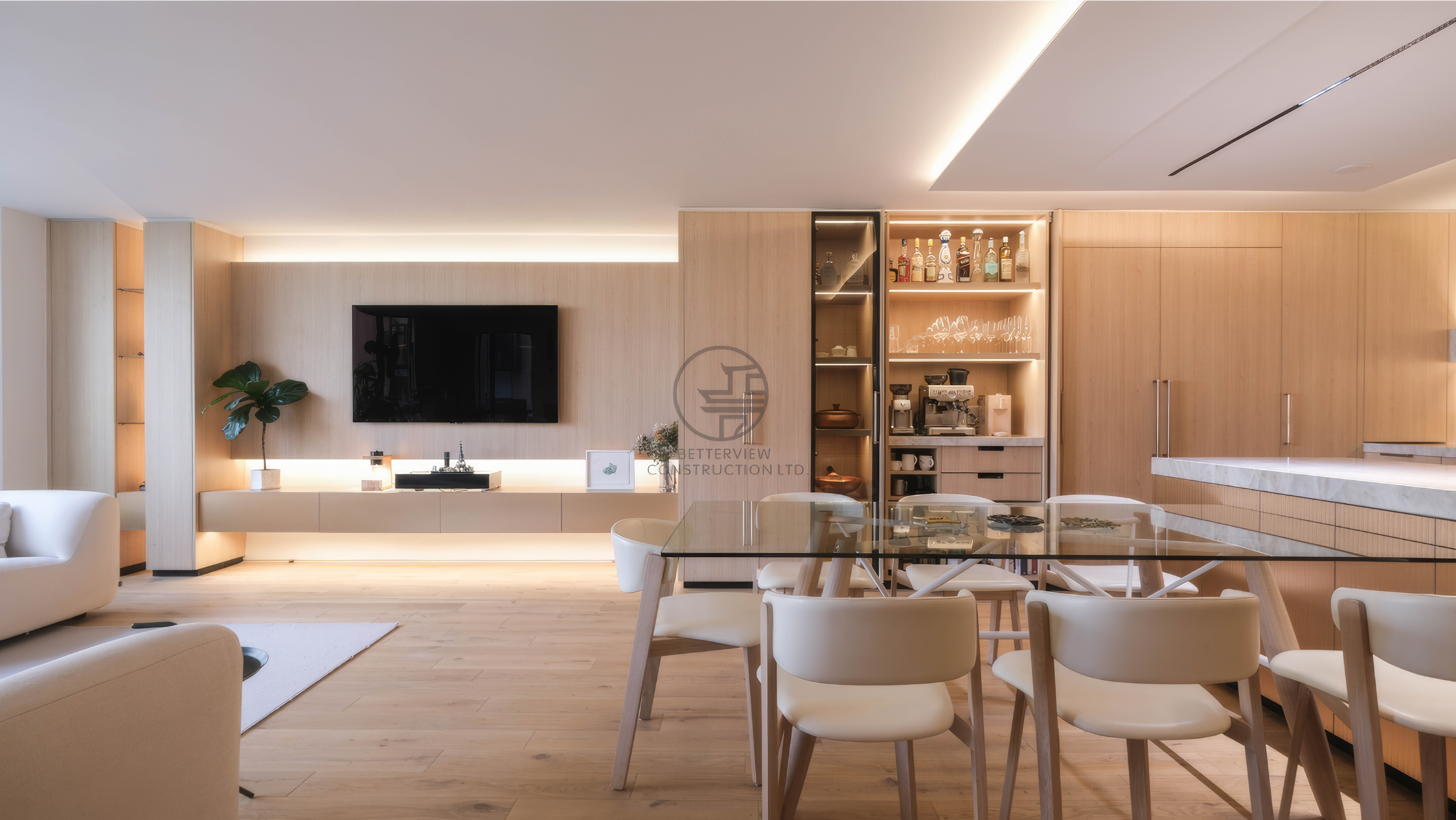 modern open concept living room, dining area and kitchen design