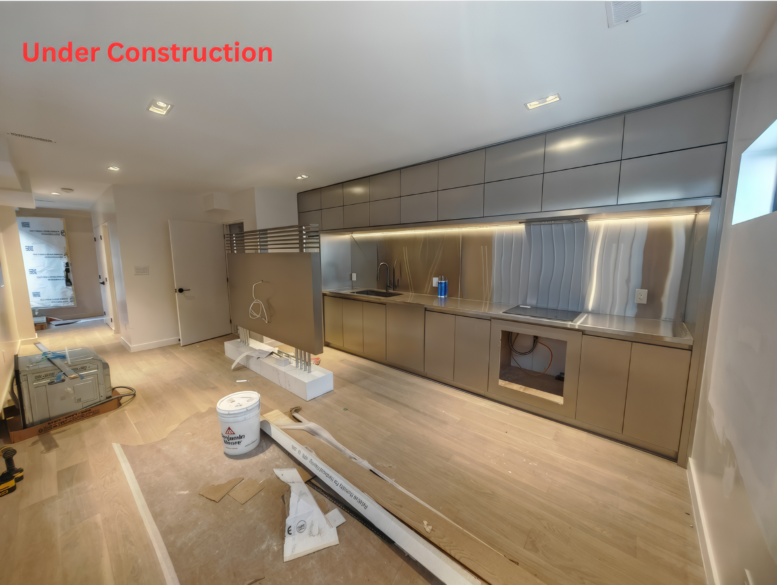 Kitchen renovation in progress in Toronto showing cabinet installation, lighting setup, and unfinished construction stage