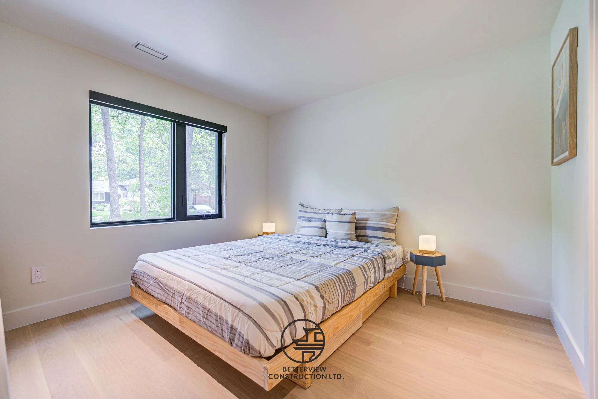 modern minimalist bedroom with wood bed frame