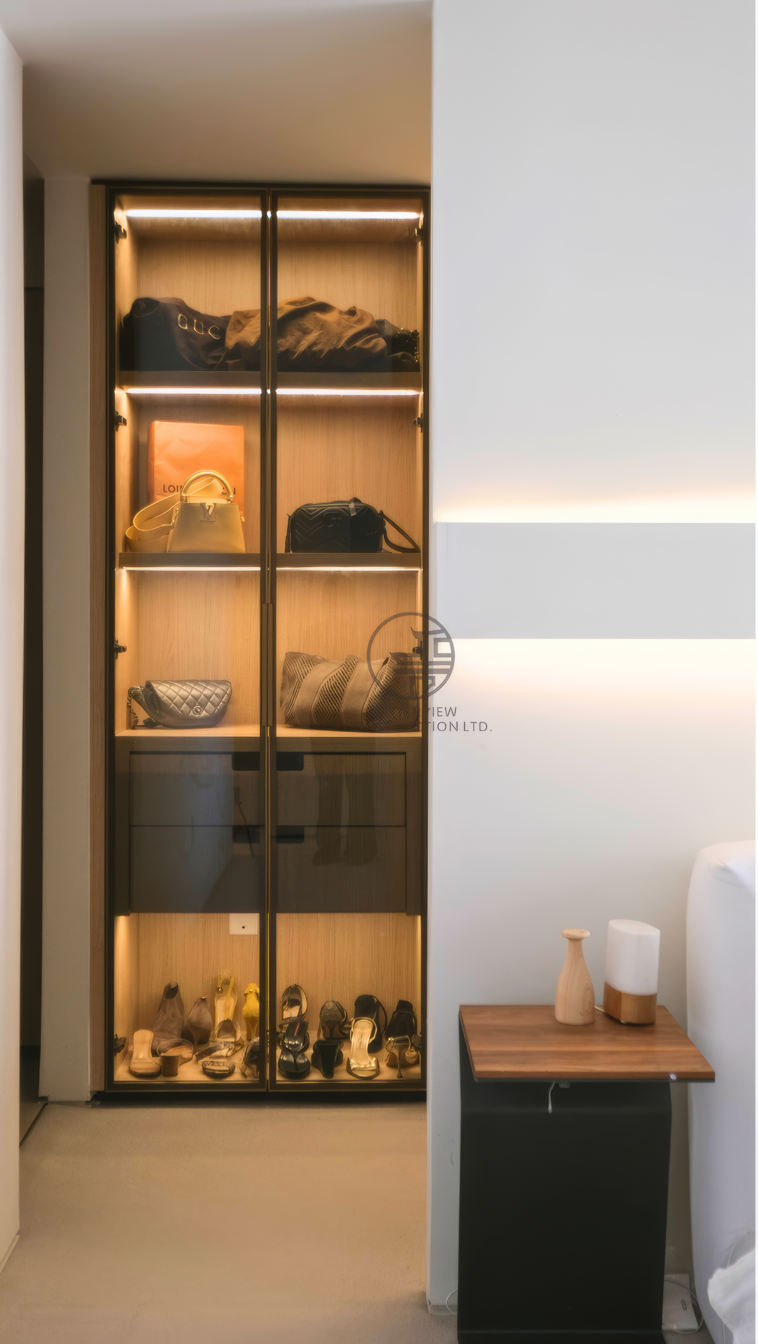 custom display cabinet with LED lighting and built-in shelving
