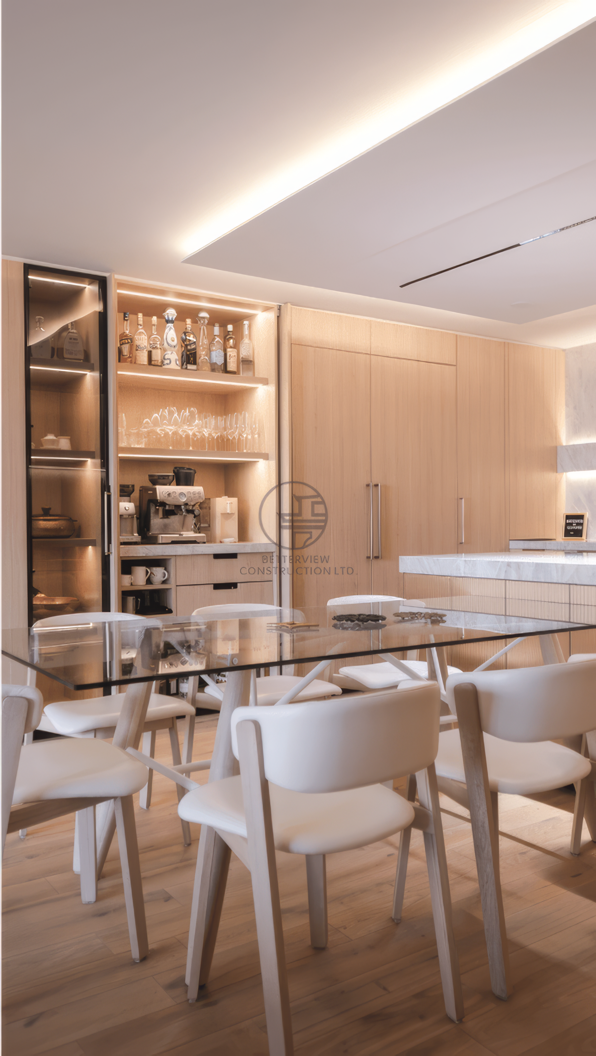 modern dining room with custom cabinetry and warm LED lighting