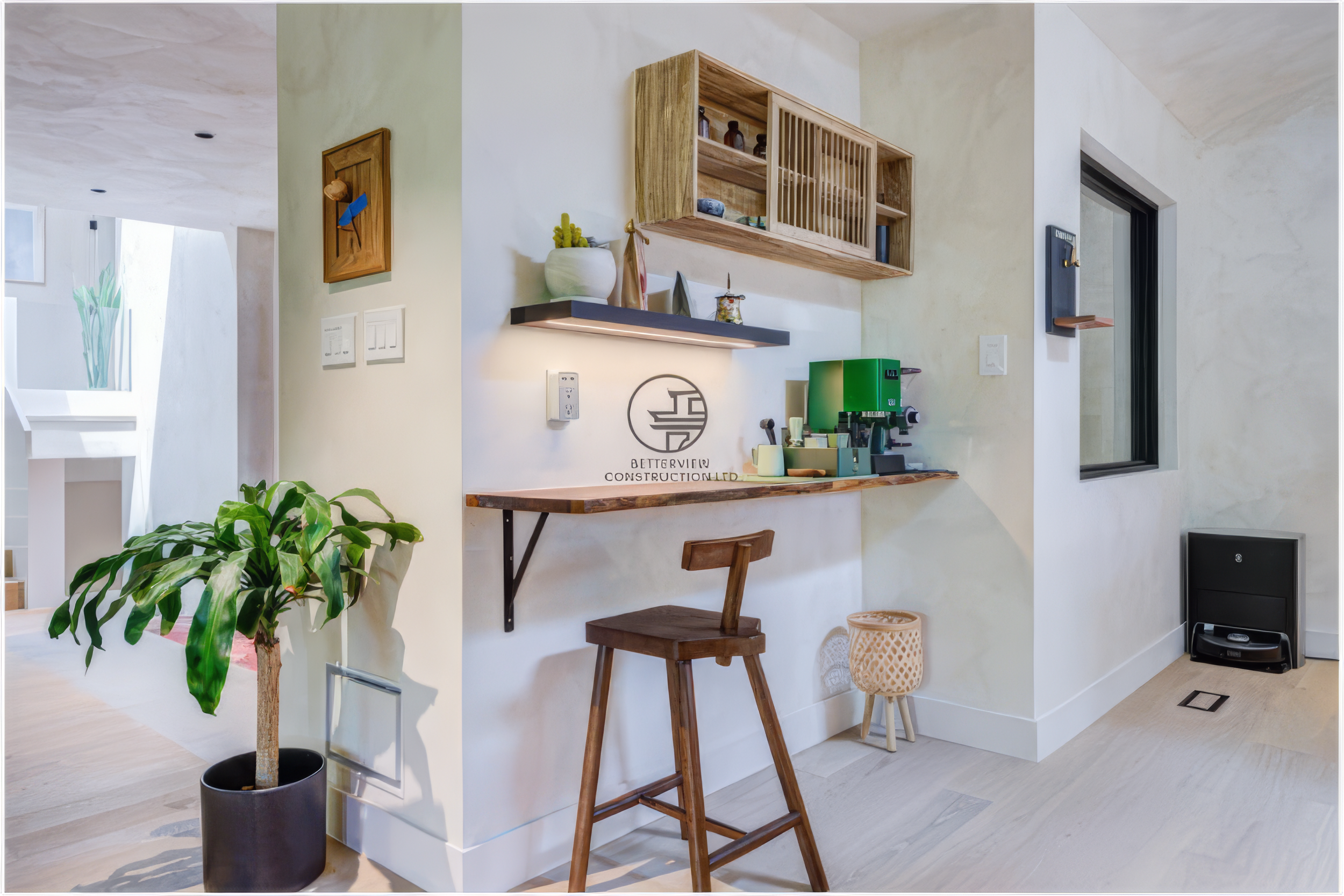 modern home coffee bar with floating shelves and wood counter