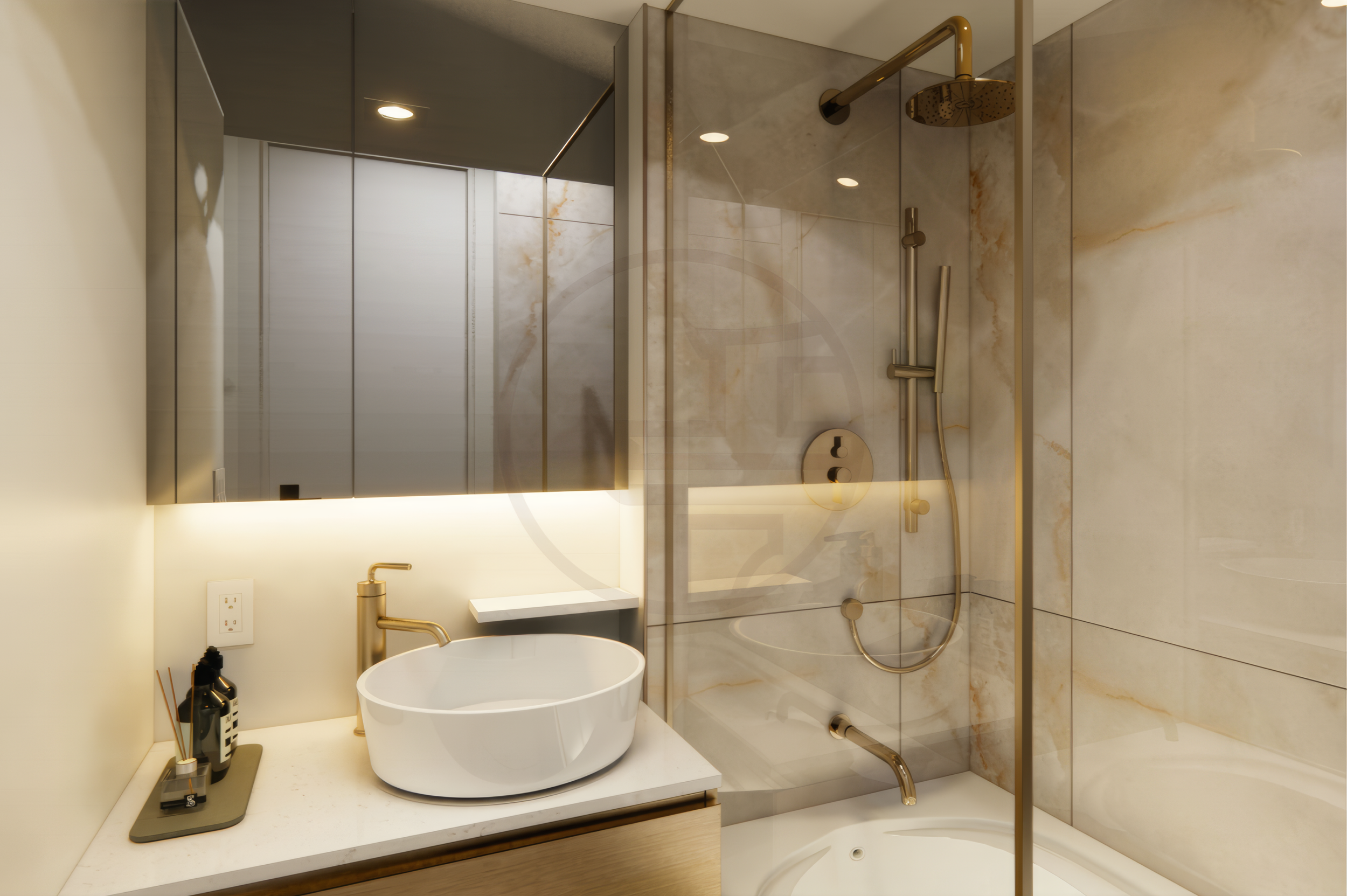 modern bathroom with glass shower and vessel sink vanity