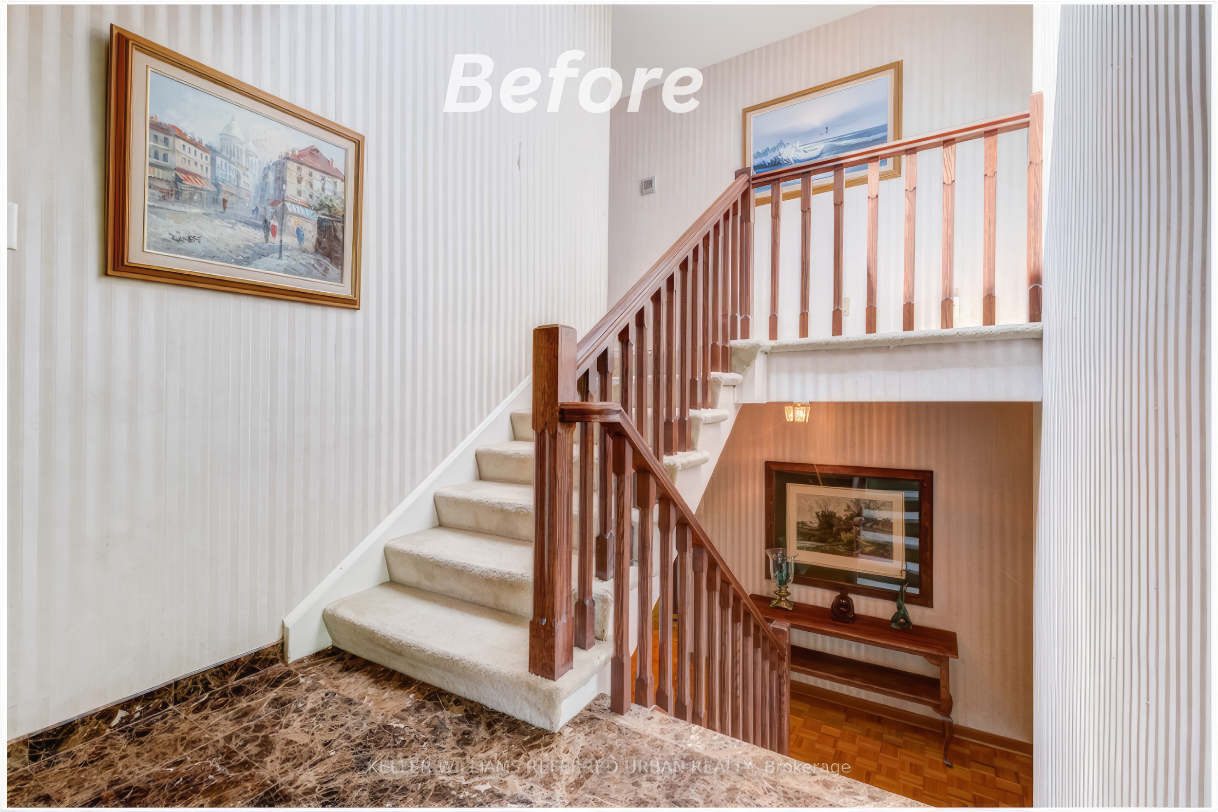 home staircase interior before renovation with wood railing and carpet stairs