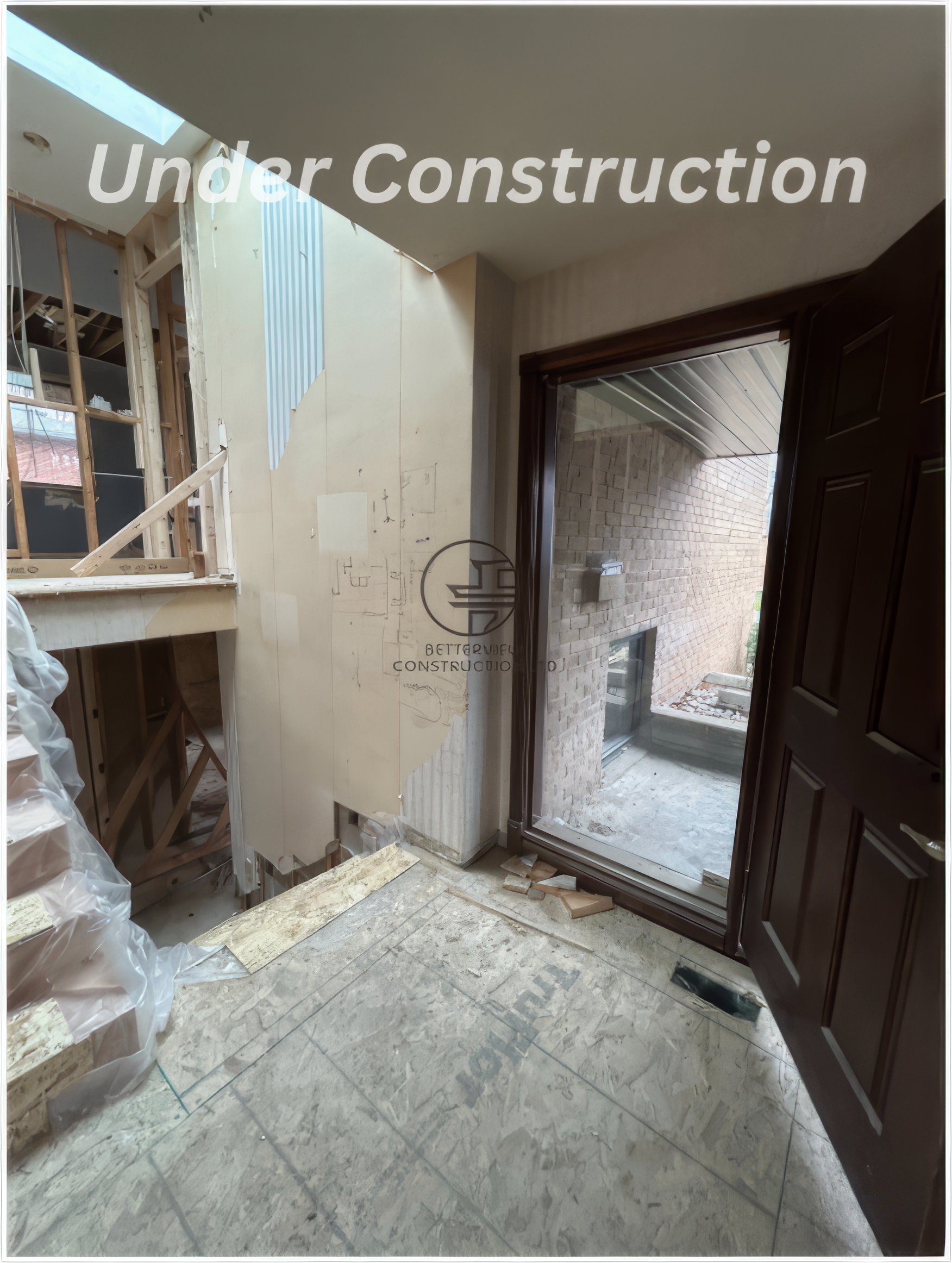 home entryway renovation under construction with staircase framing