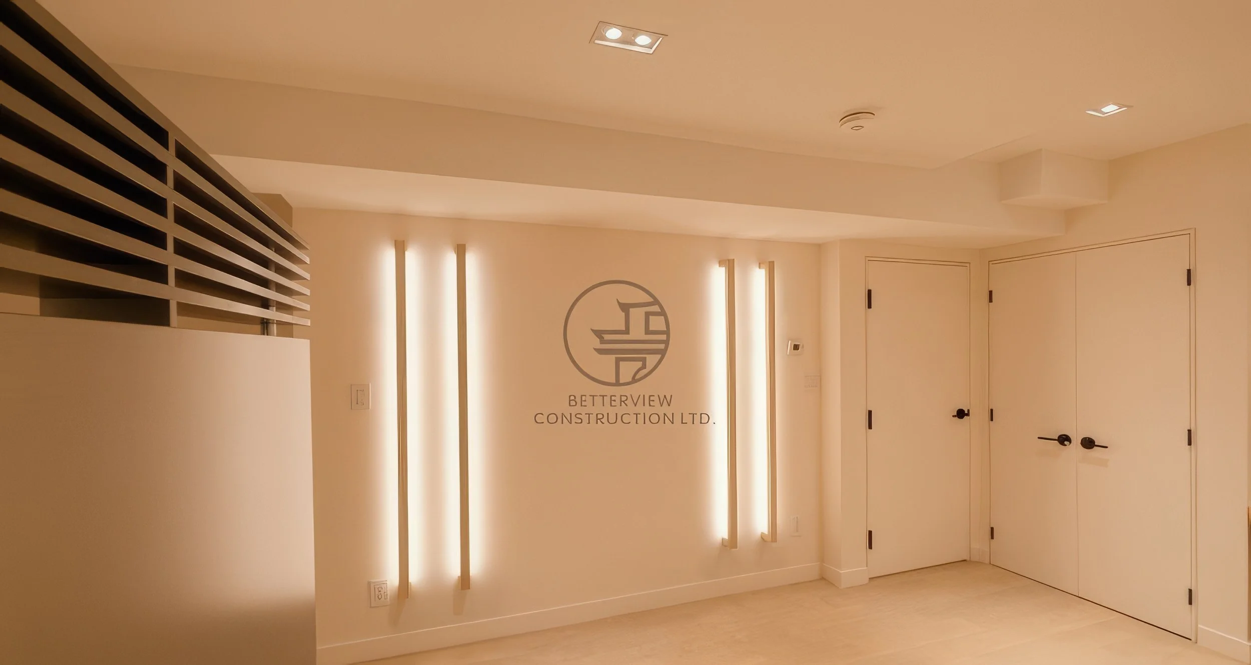 modern basement renovation with vertical LED wall lights, clean white walls, and minimalist design