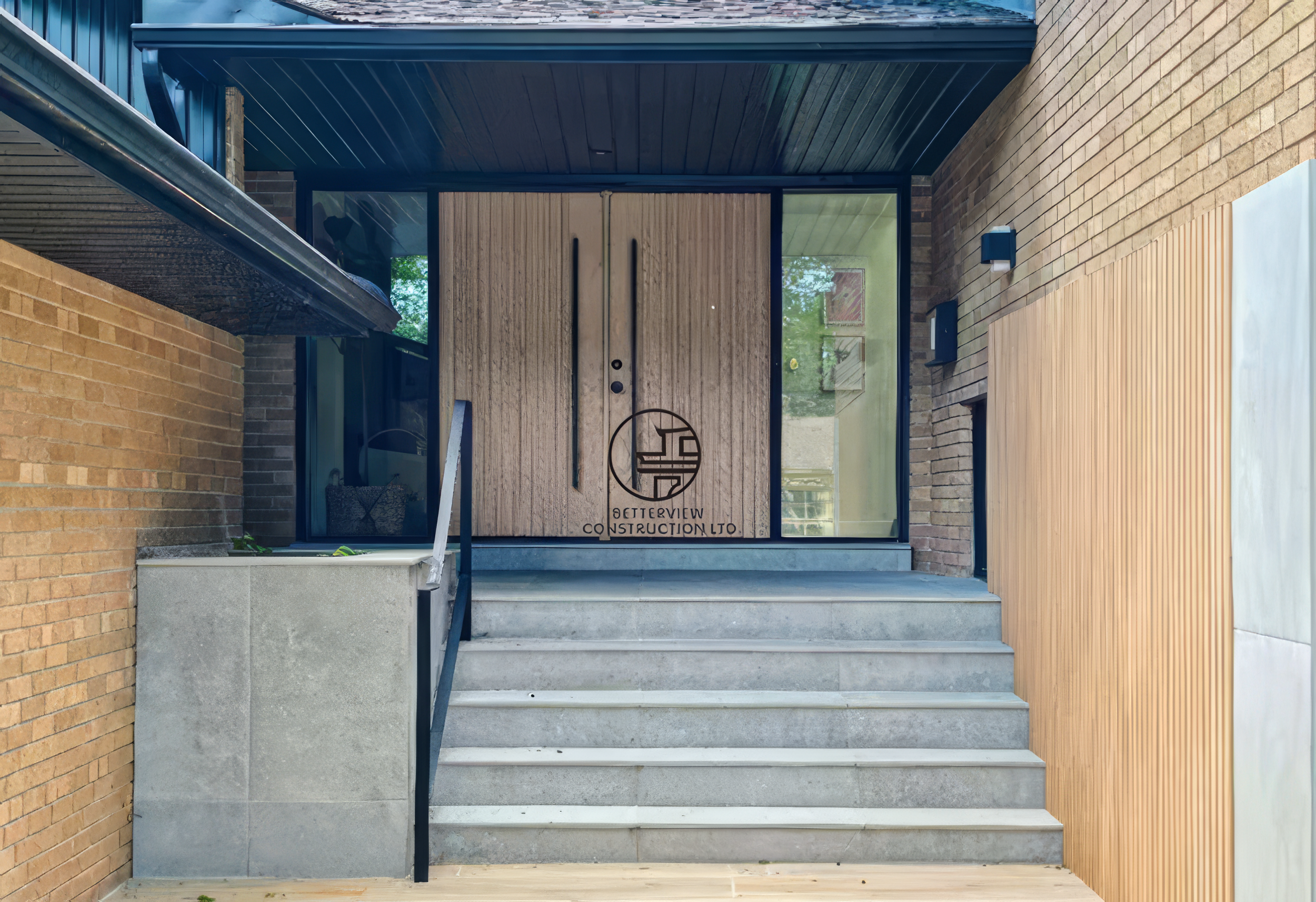 modern home front entrance with wood double door and concrete steps
