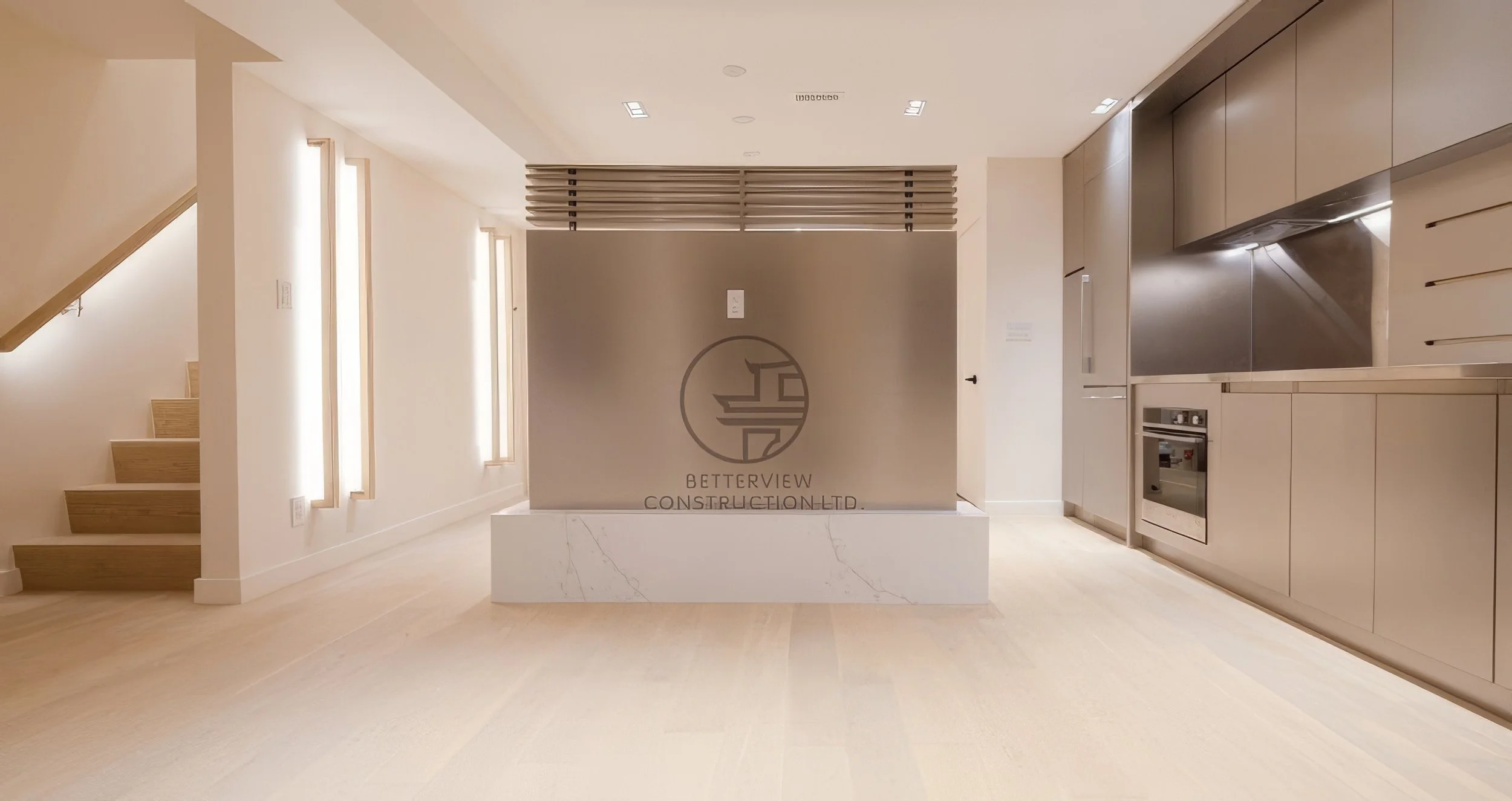 modern basement kitchen renovation with island, built-in appliances, and minimalist open concept design