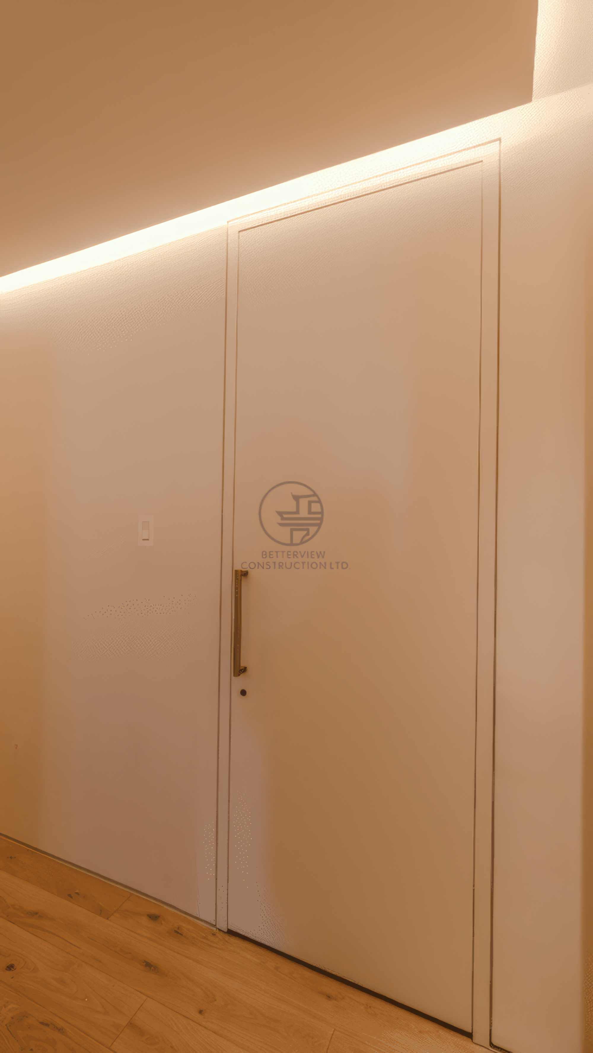 minimalist hallway with hidden door and LED ceiling lighting