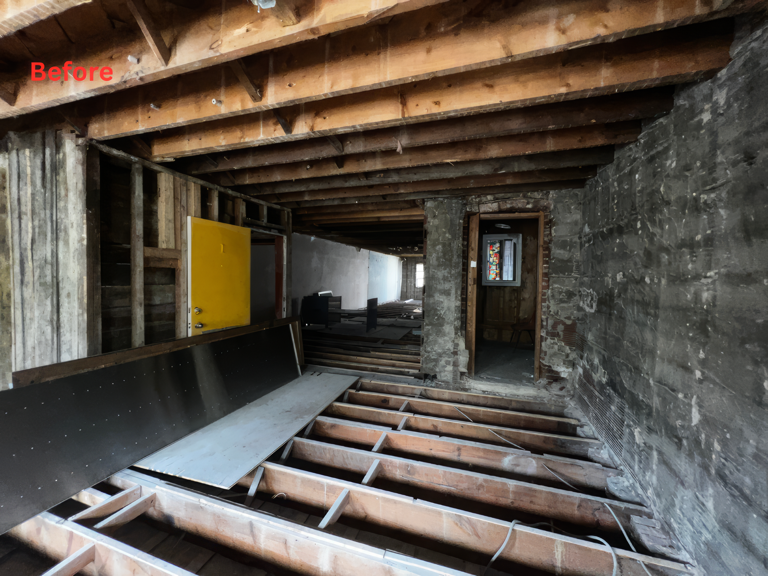 Before home renovation in Toronto showing exposed floor joists, structural framing, and full interior demolition stage
