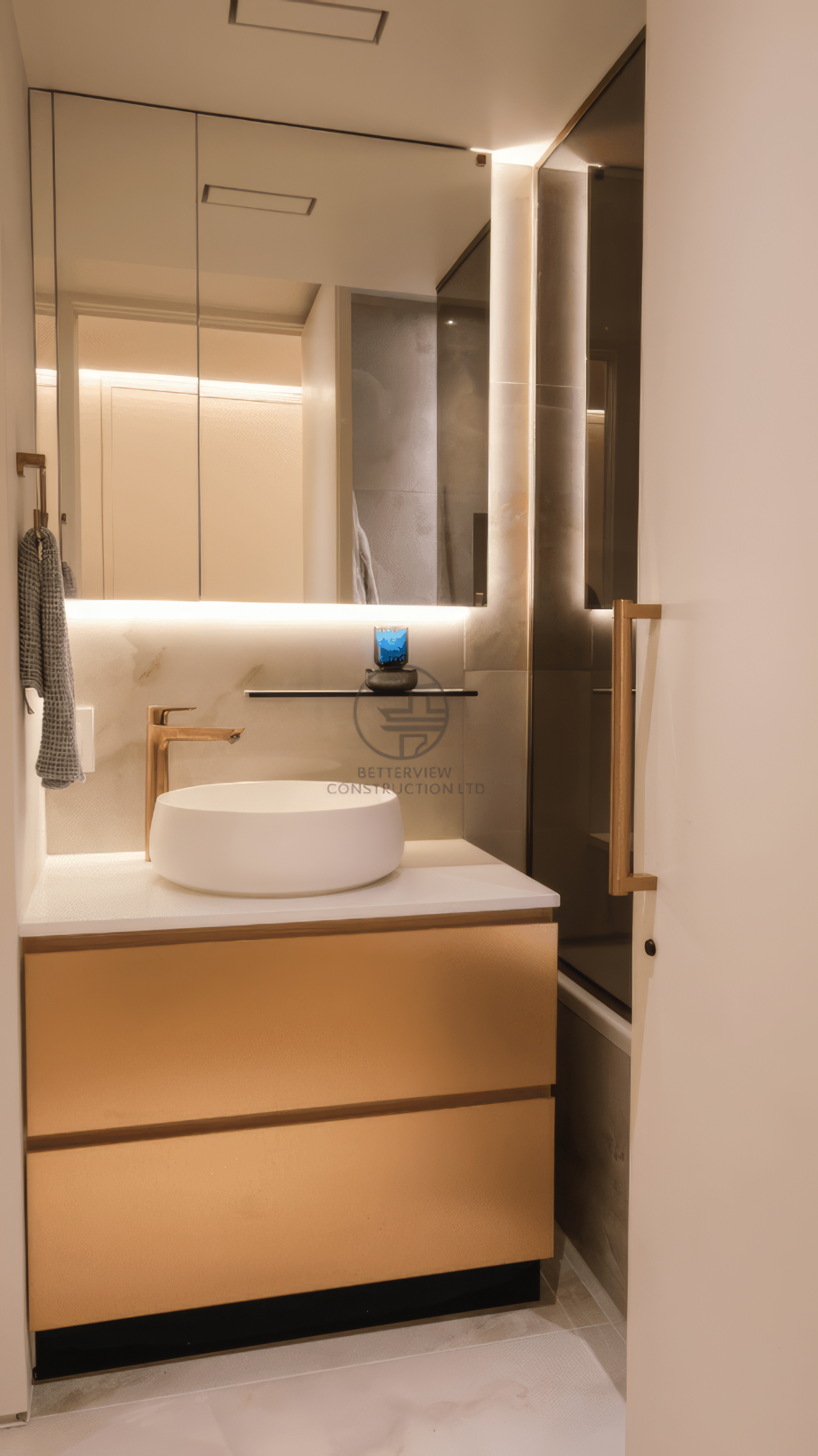 modern powder room vanity with vessel sink and LED mirror