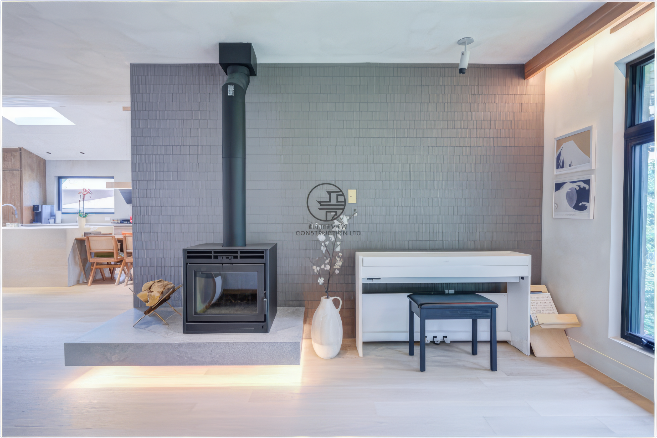 modern living room fireplace with wood stove and feature wall