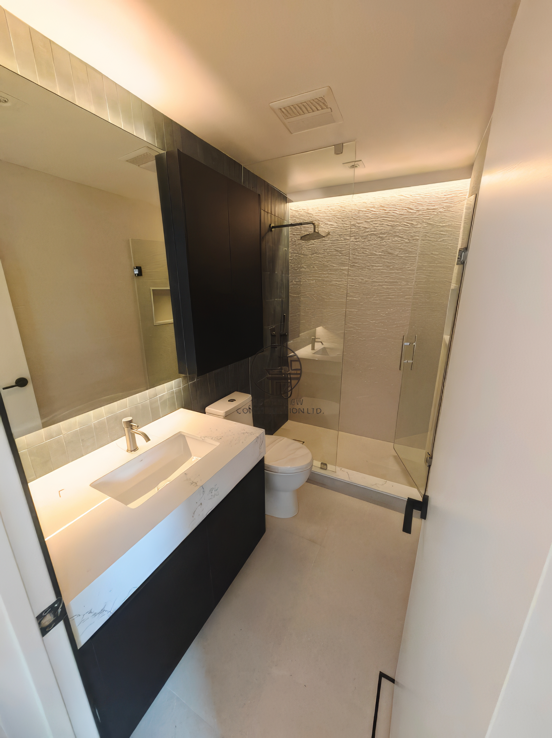 Modern bathroom renovation in Toronto featuring black vanity, glass shower enclosure, and minimalist design