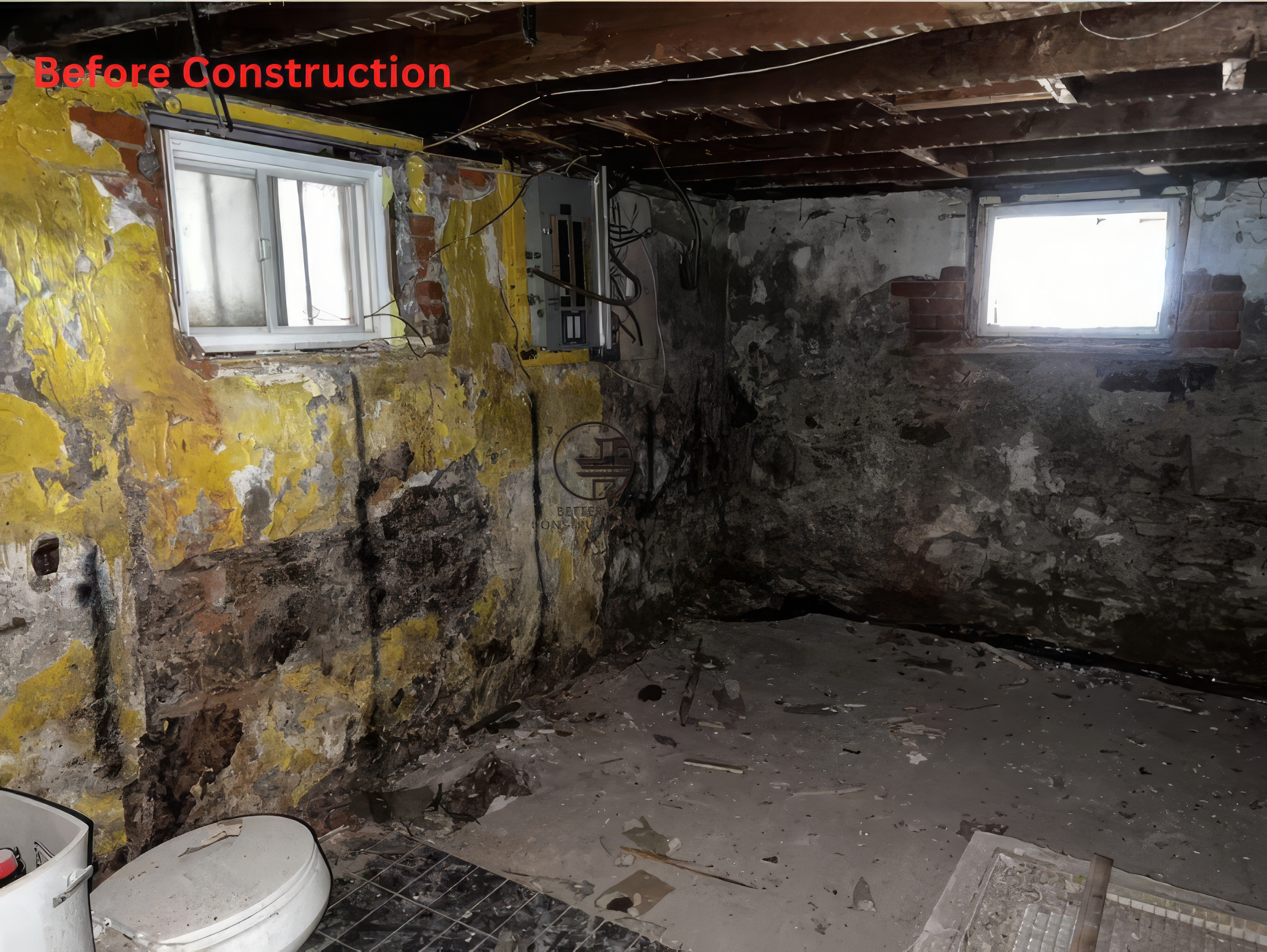 Before construction basement interior with severe water damage, mold growth on walls, exposed brick, and deteriorated foundation in a residential renovation project