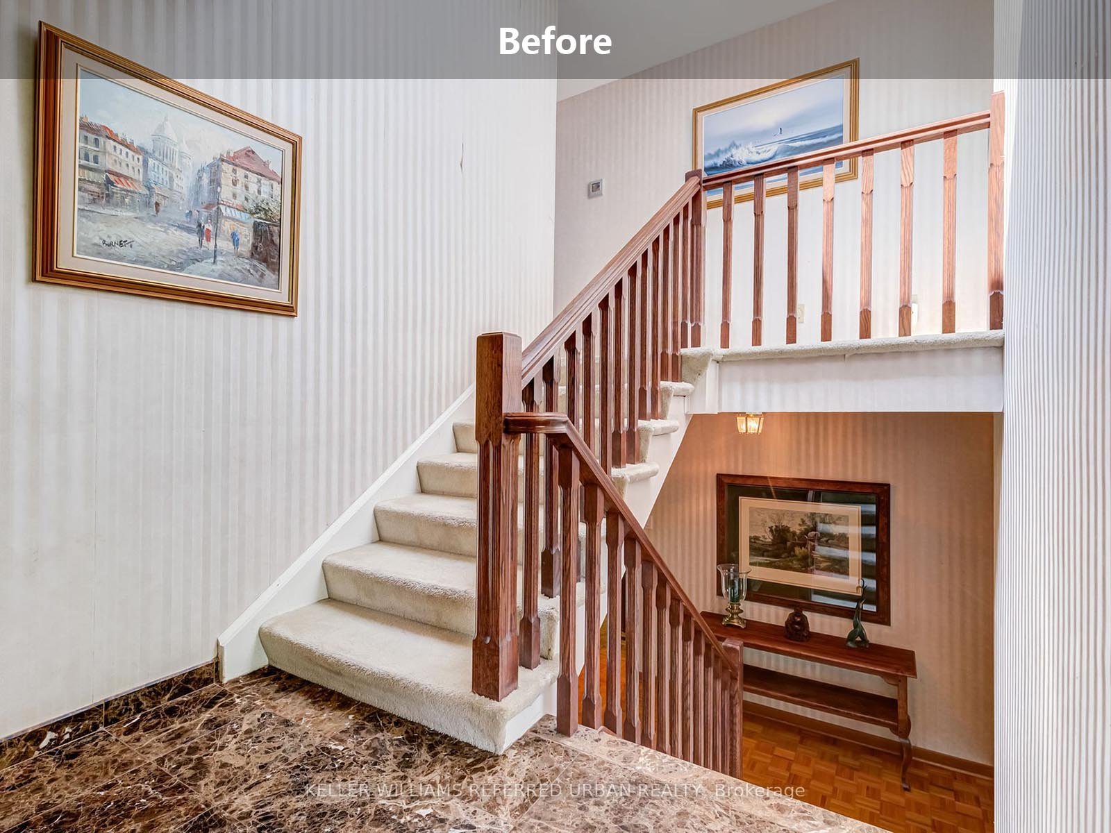 home staircase interior before renovation with wood railing and carpet stairs