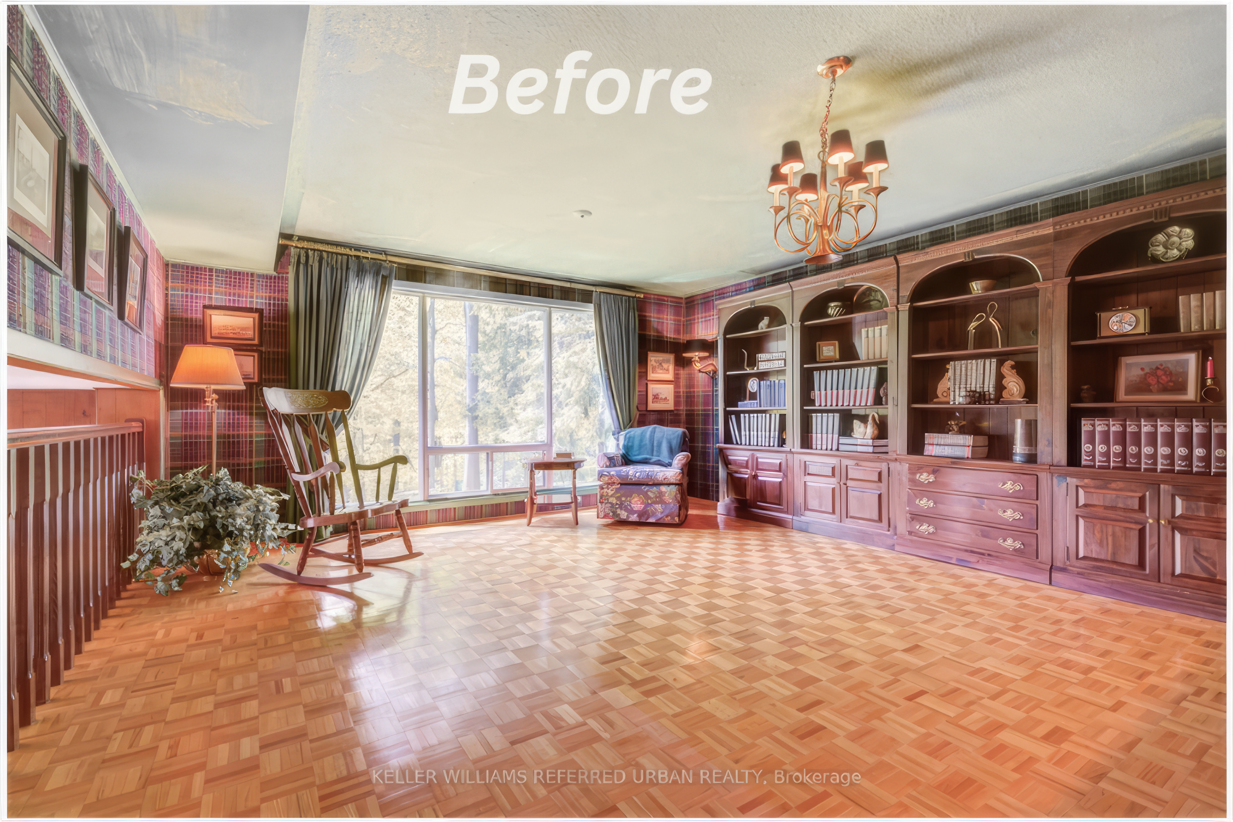 living room interior before renovation with wood shelving and parquet flooring