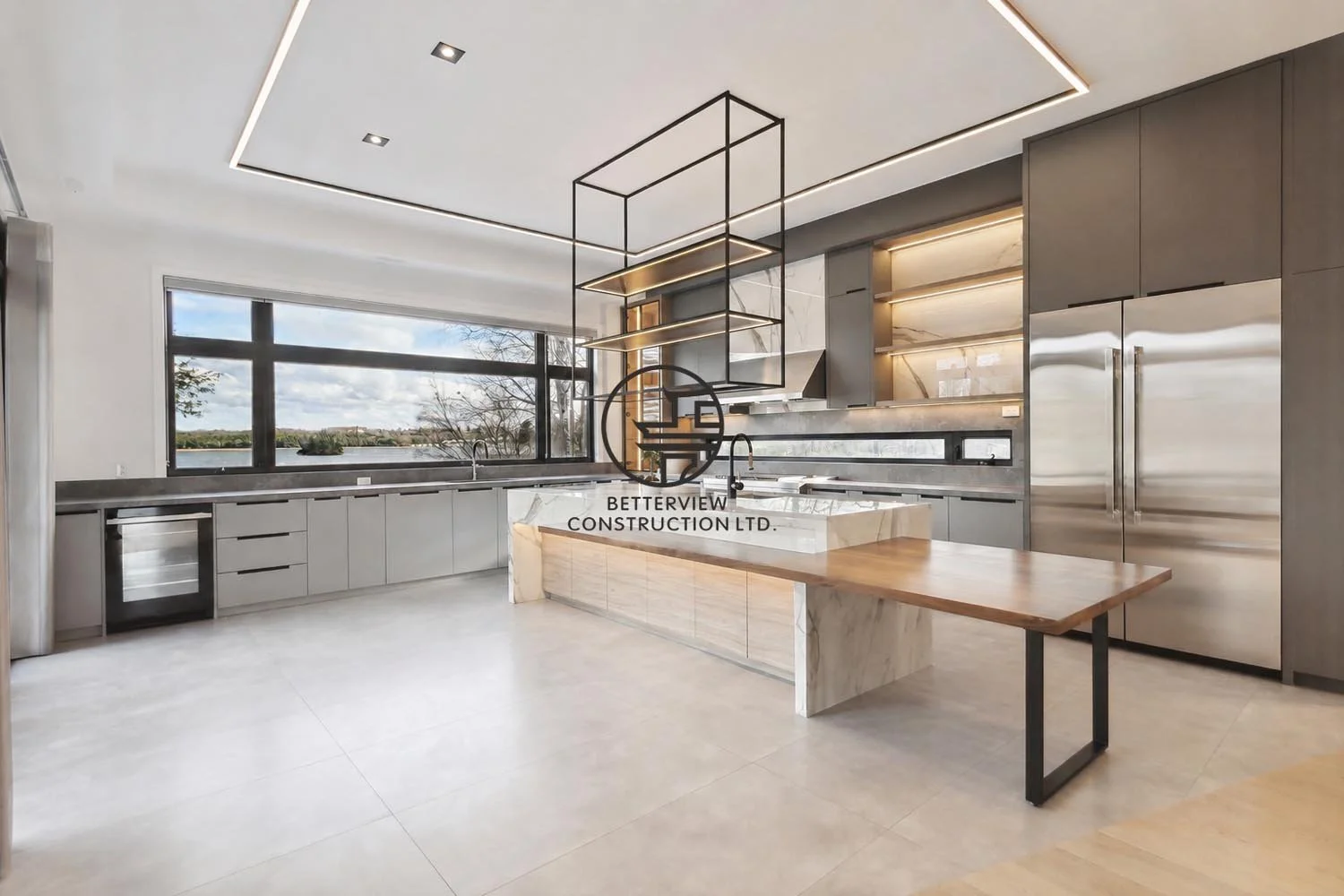 Modern kitchen with large island, stainless steel appliances, open shelving, LED ceiling lighting, and expansive windows with outdoor view.