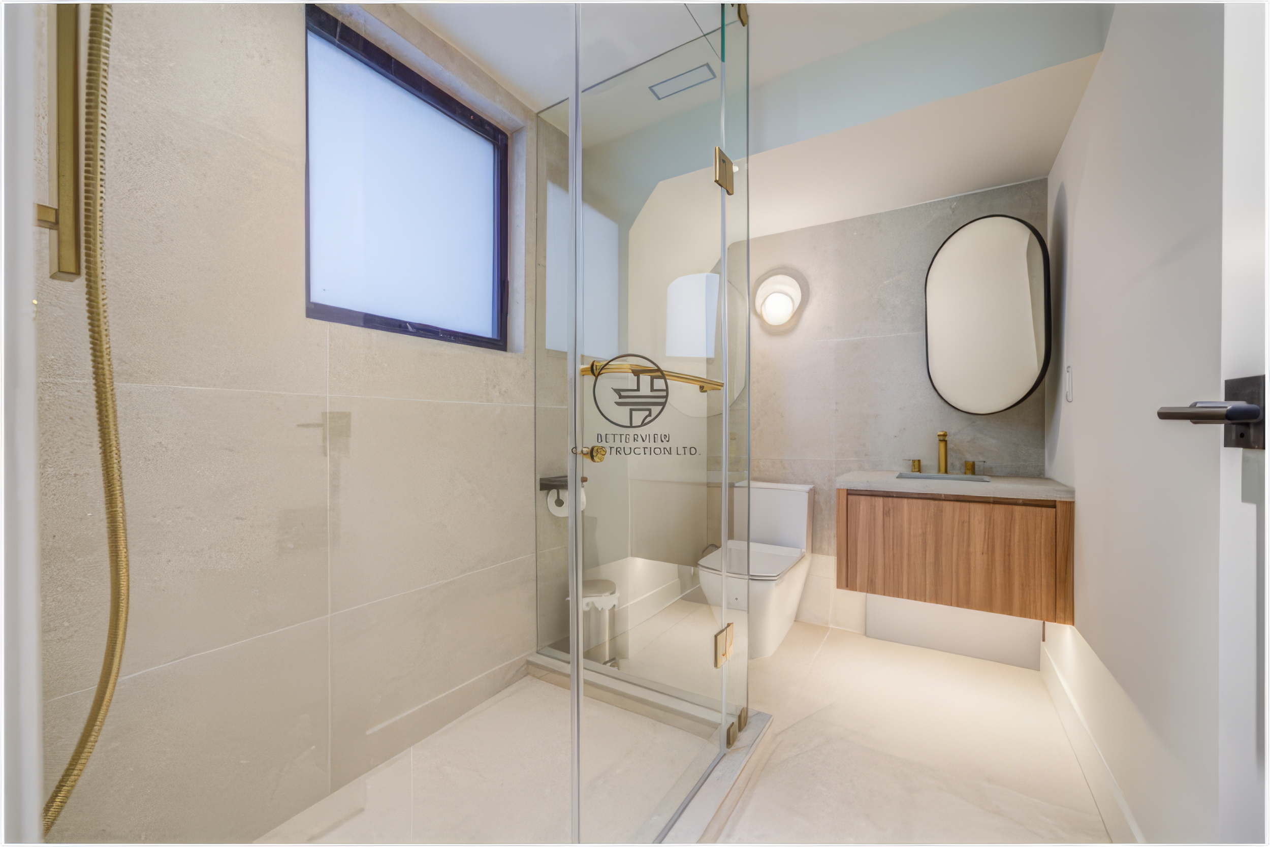modern bathroom renovation with glass shower enclosure floating wood vanity and gold fixtures