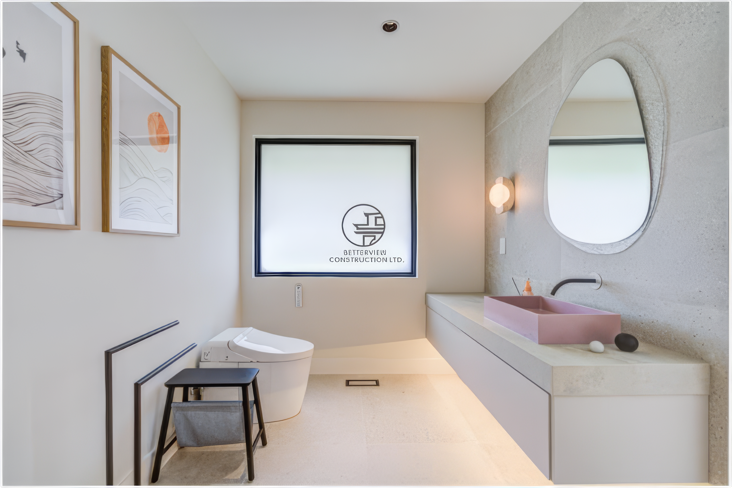 modern bathroom vanity with round mirror and minimalist sink design