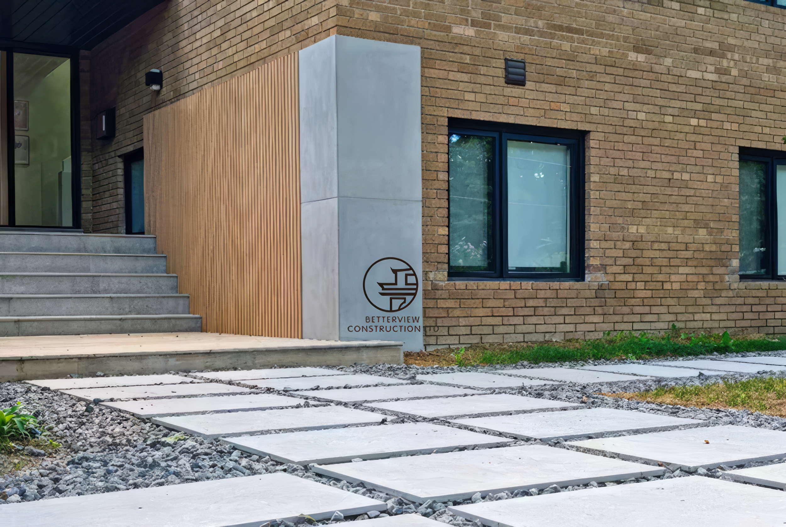modern home exterior entrance with concrete steps and wood accent wall