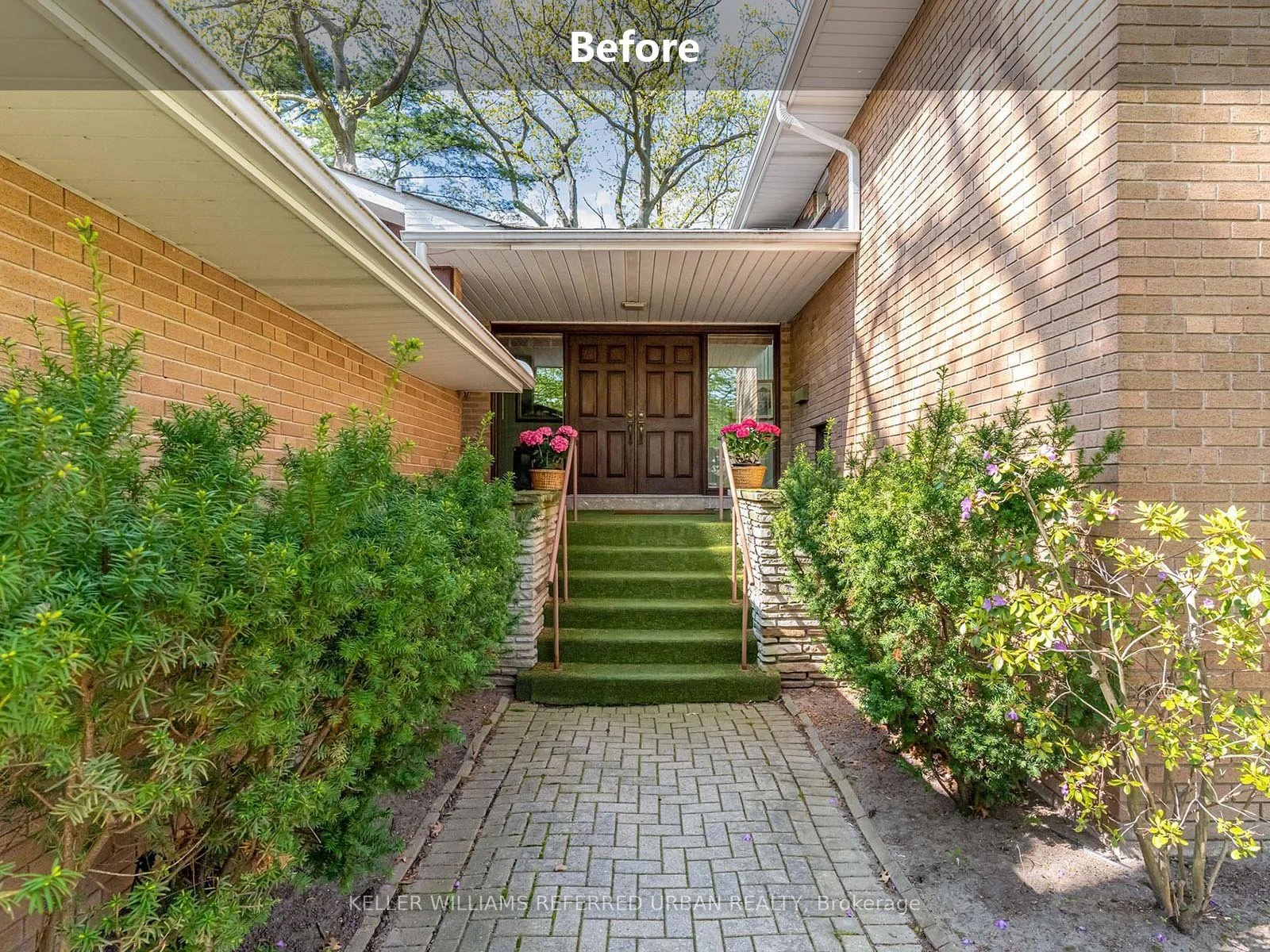 home exterior entrance before renovation with brick facade and front walkway