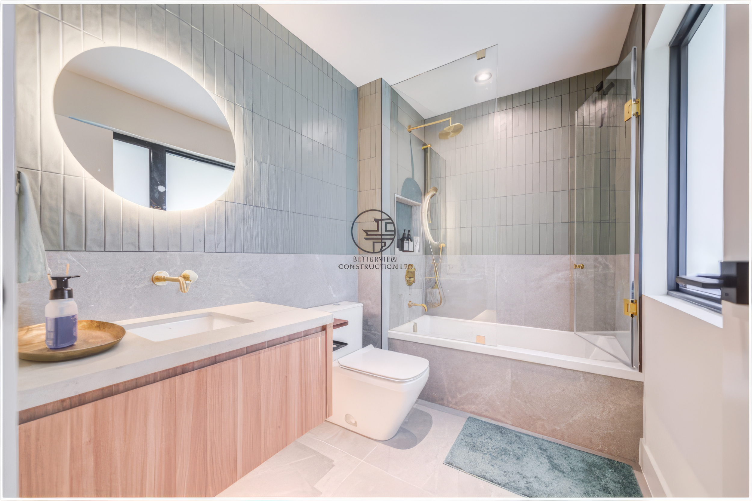 modern guest bathroom renovation with round mirror and bathtub shower