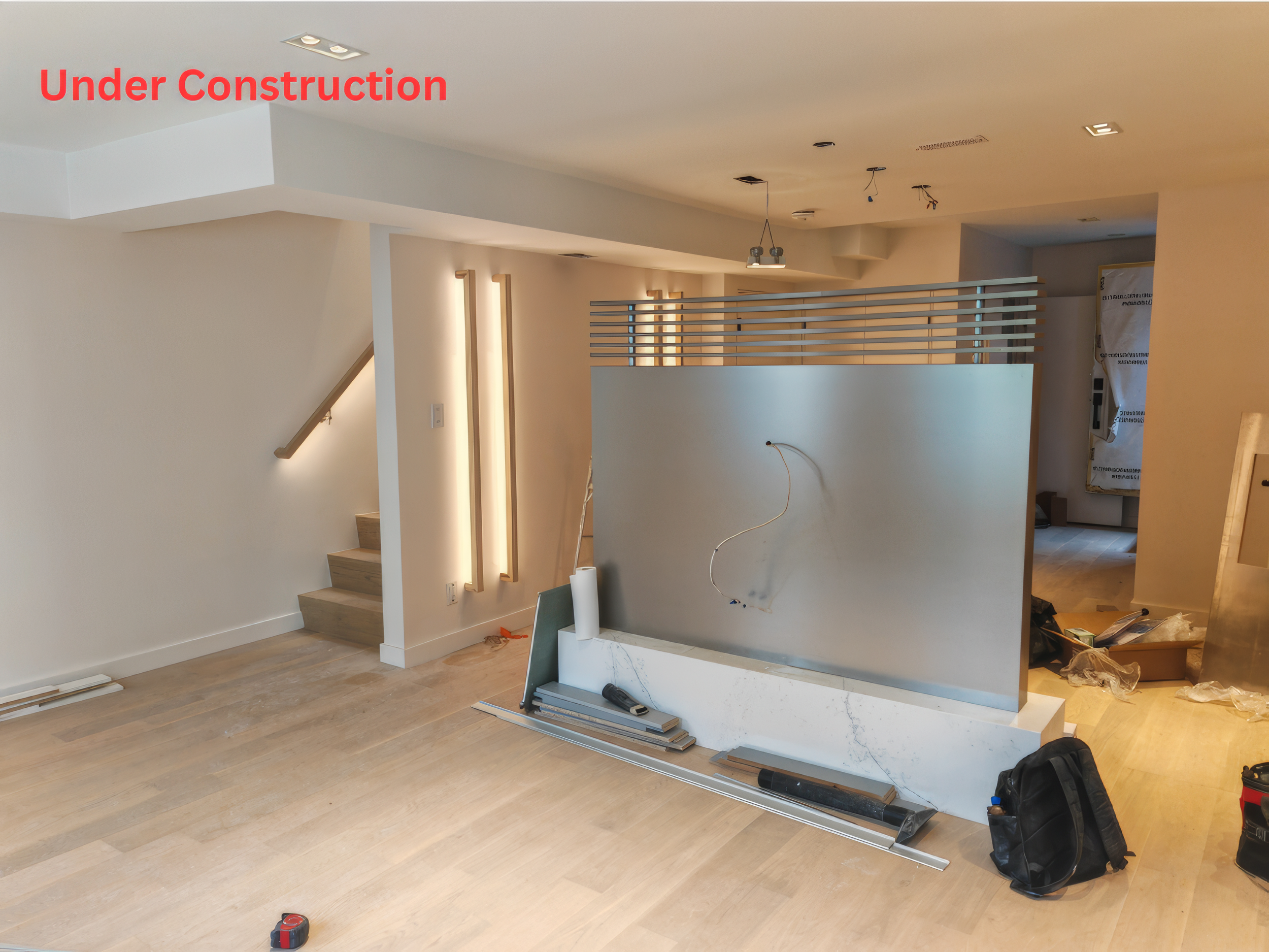 Open concept renovation in progress in Toronto featuring custom partition wall, staircase lighting, and modern layout construction