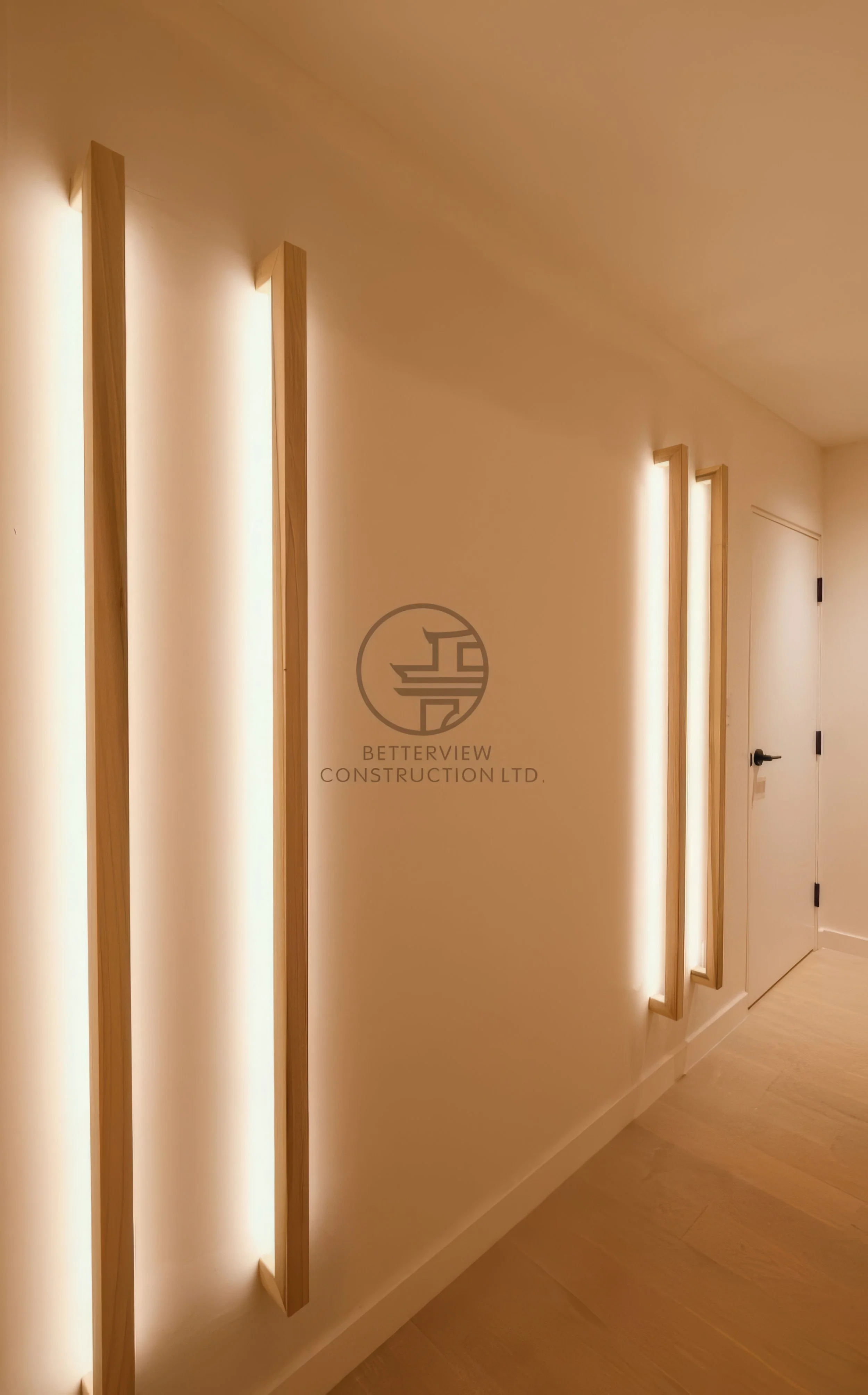 modern basement hallway with vertical LED wall lighting and minimalist interior design