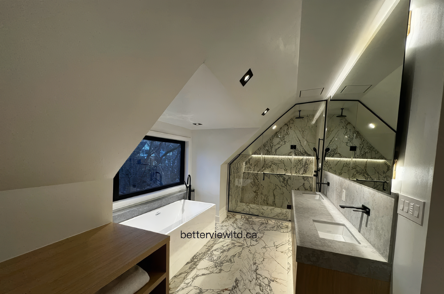 Contemporary bathroom renovation with sloped ceiling, marble walk-in shower, LED strip lighting, bathtub by window, and custom vanity design.