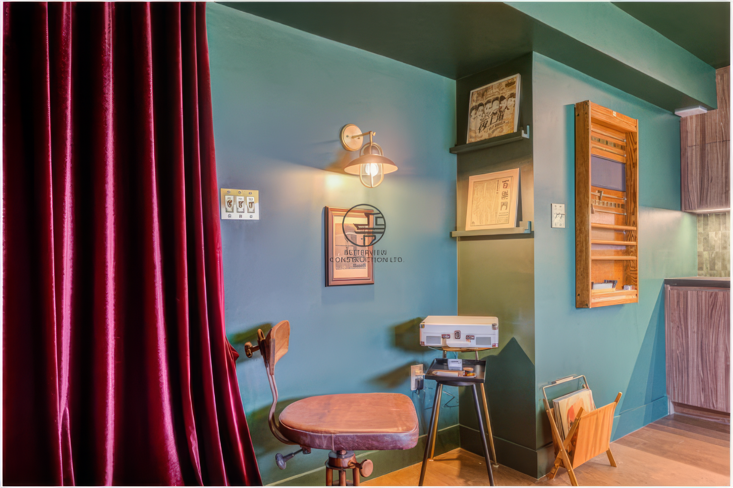 modern basement renovation with vintage style lounge corner and decorative wall shelves