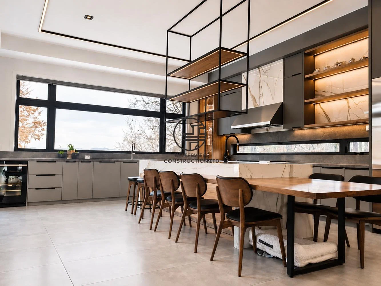 Luxury open-concept kitchen and dining area with modern cabinetry, large windows, and custom island