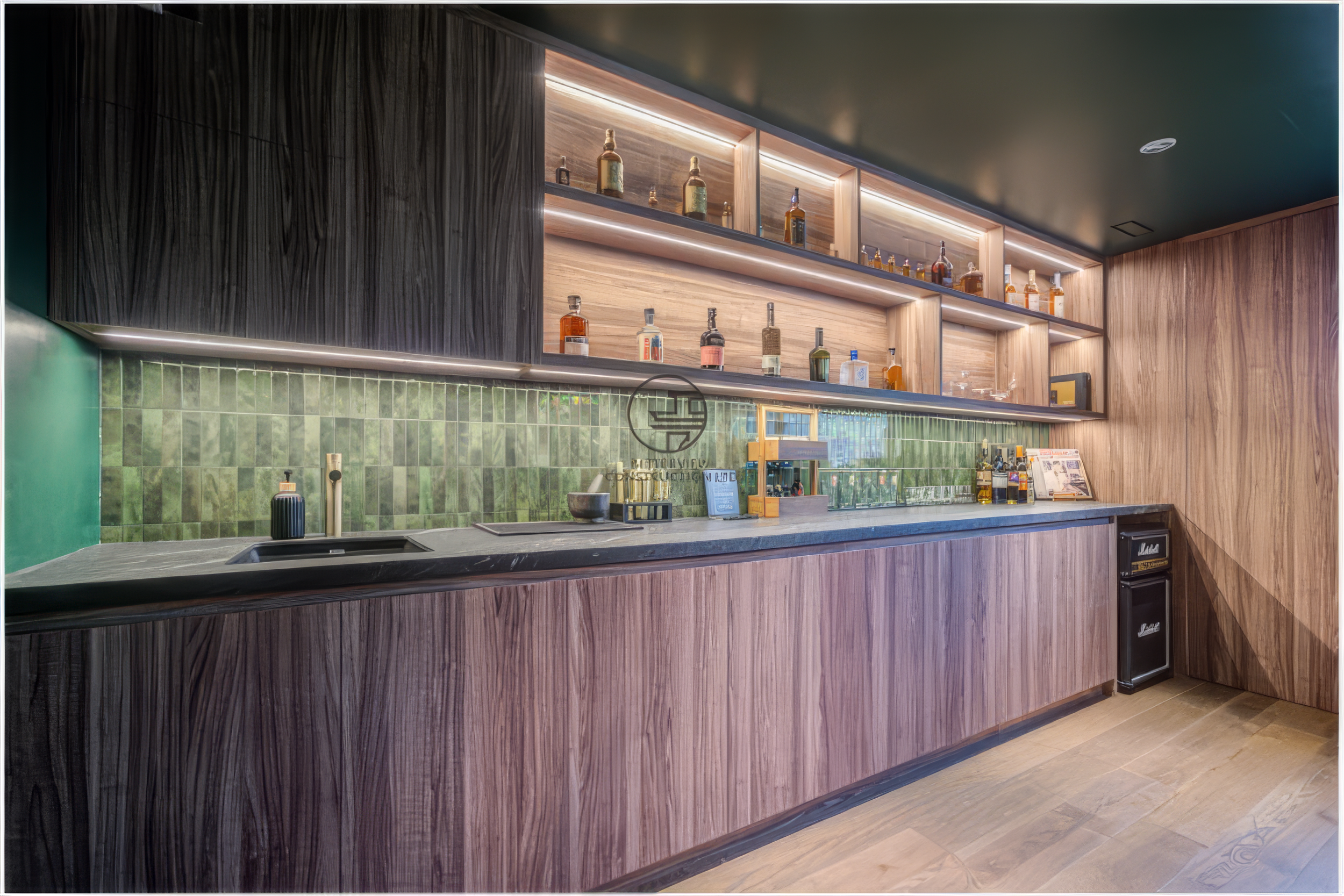 modern basement renovation with custom home bar and built in shelving