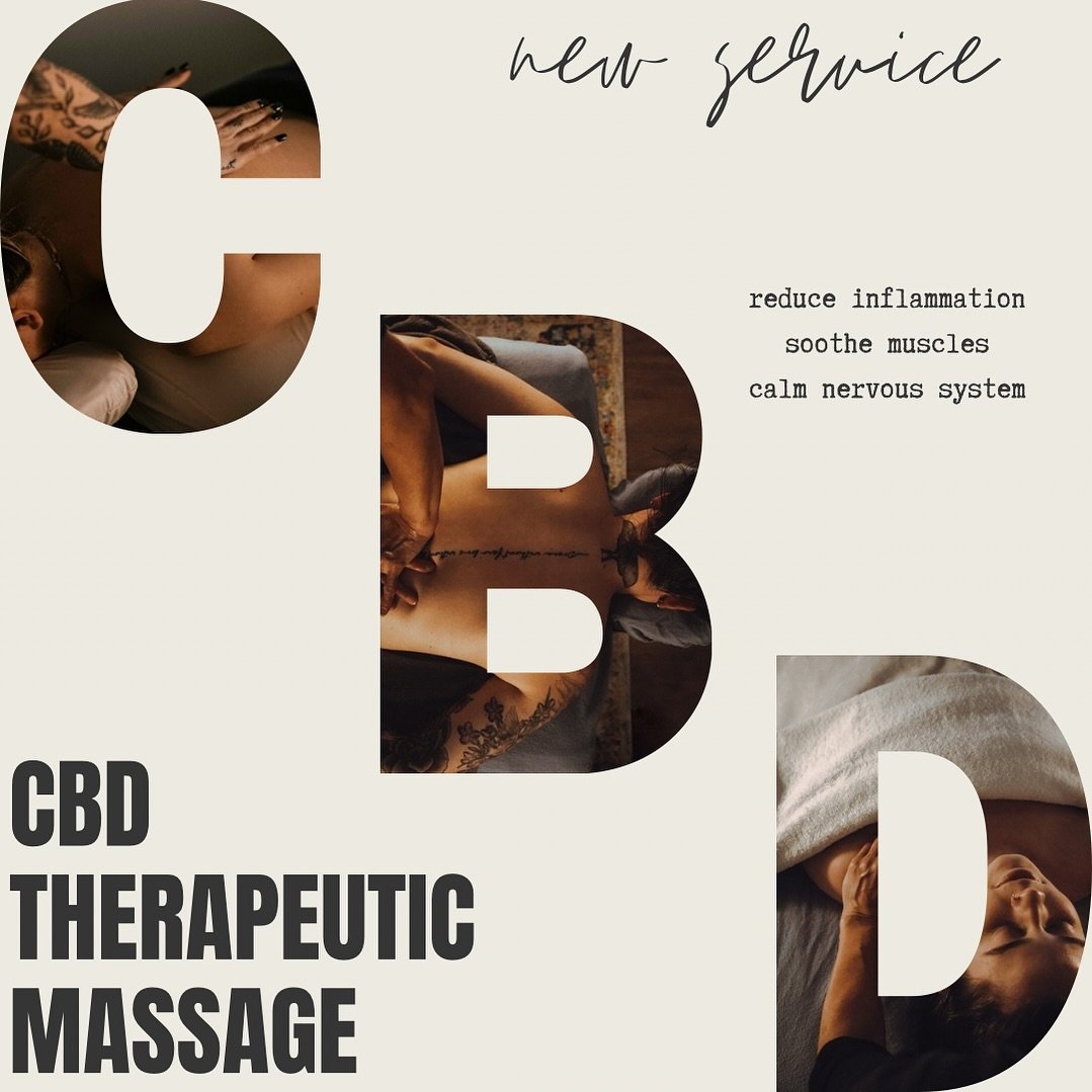new service alert 🚨

introducing our CBD therapeutic massage! enjoy a 60 or 90-minute therapeutic massage including CBD oil and lavender essential oils for total relaxation 

benefits of CBD:
&bull; pain relief 
&bull; soothe muscles 
&bull; reduce 