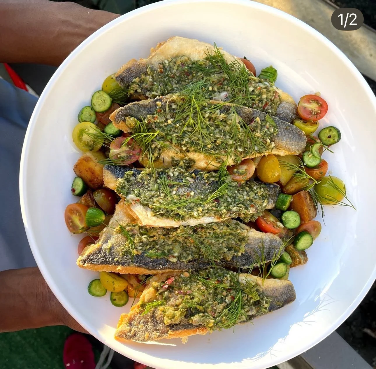 Roasted Branzino + Dill Potato and Tomato Salad