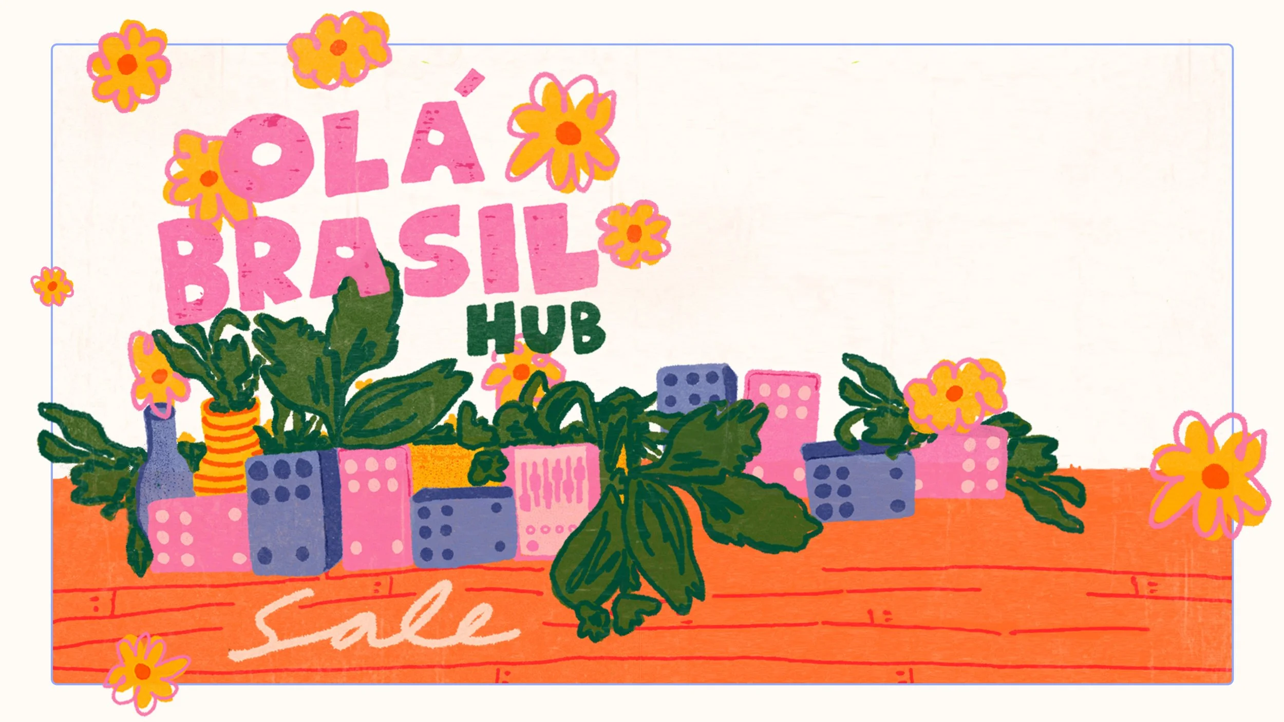 Olá Brasil Hub Sale - tropical illustration of Chase Bliss pedals. Olá Brasil Hub Sale – ilustração tropical dos pedais Chase Bliss.