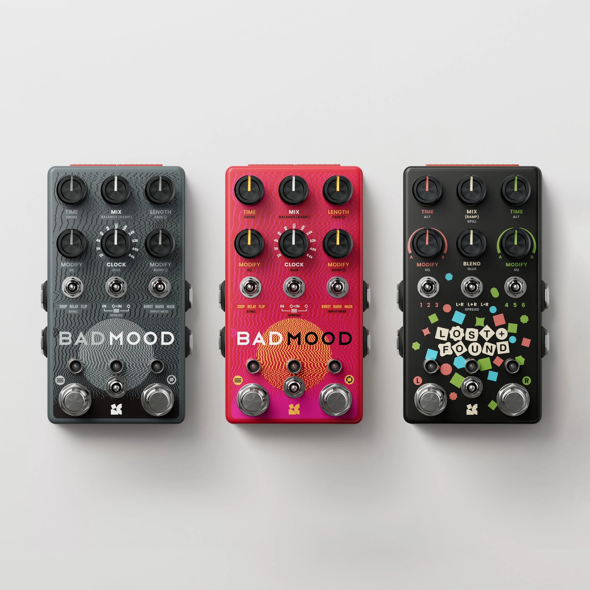 Grey and Red colorways of BAD MOOD and the new black Lost + Found effects pedals by Chase Bliss.