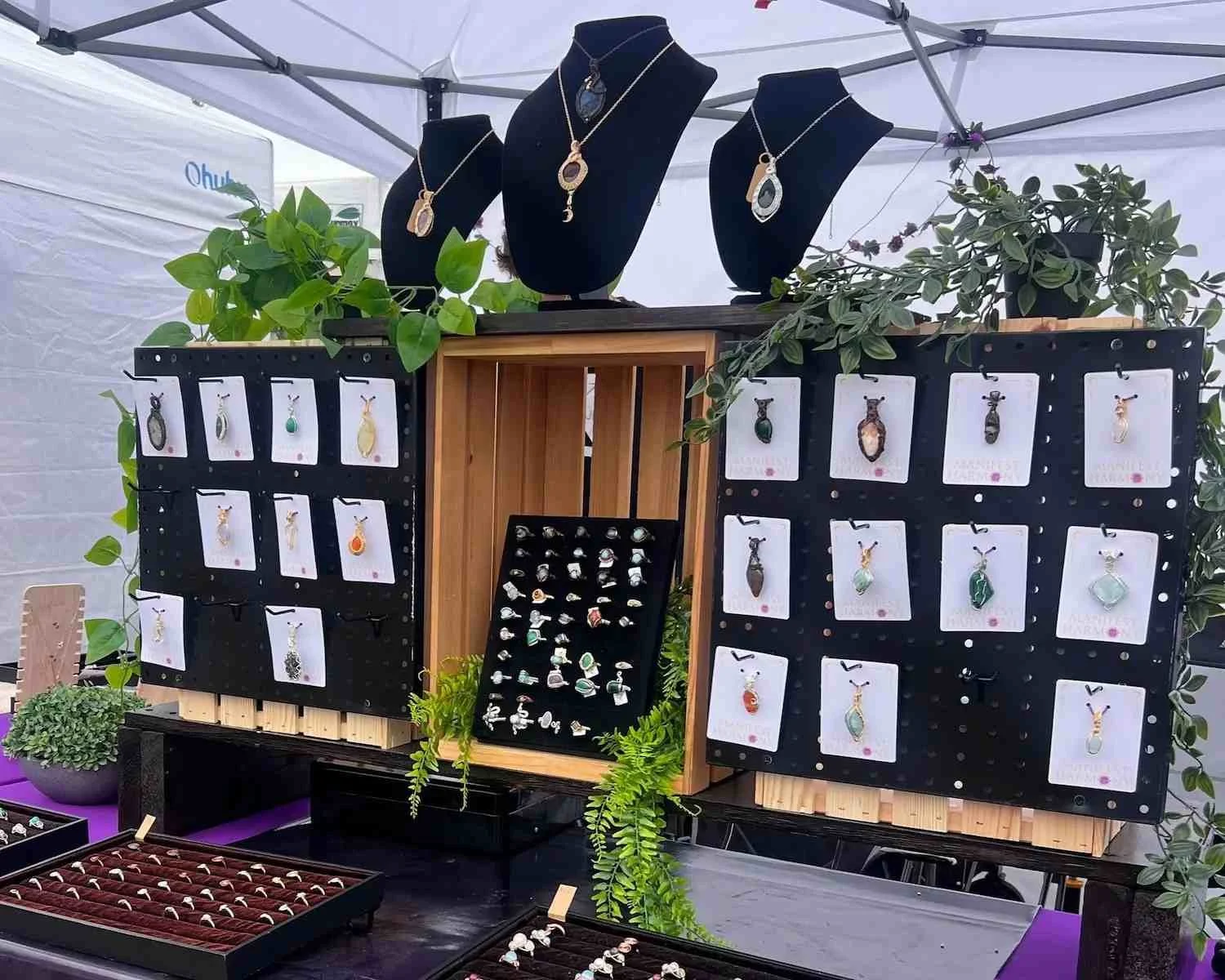 A collection of gemstones on a display