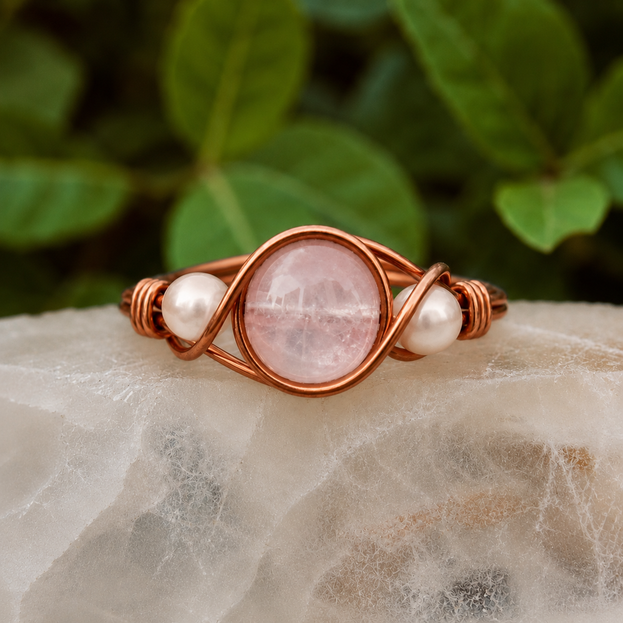 Rose Quartz + Pearl Ring