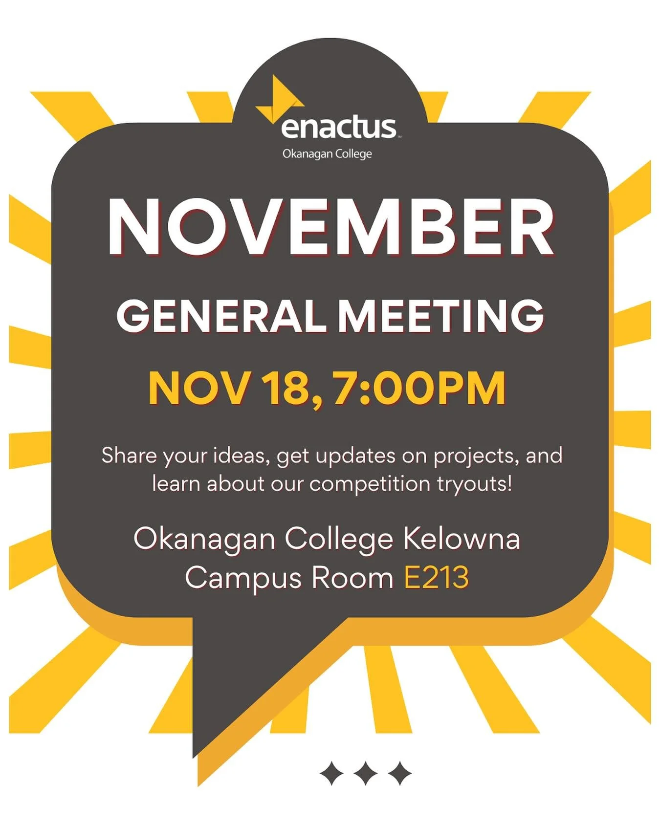 General Meeting Reminder🔔

Join us for our upcoming November General Meeting! 

➡️Hear updates on our projects and upcoming events 
➡️Share your ideas
➡️Learn about the competition tryout process

Enactus OC is open to all Okanagan College students 