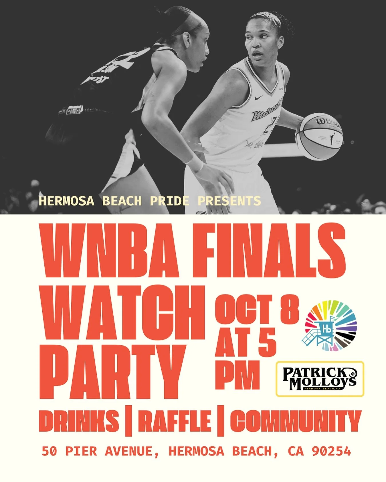 Join us for game 3 of the WNBA FINALS at Patrick Molloys on Wednesday, Oct. 8 at 5pm!!!

✅Game will be on the big screen WITH game audio!
✅Free HB Pride stickers and pins for first 25 to arrive.
✅Halftime raffle for prize basket! 
✅Happy hour drink a