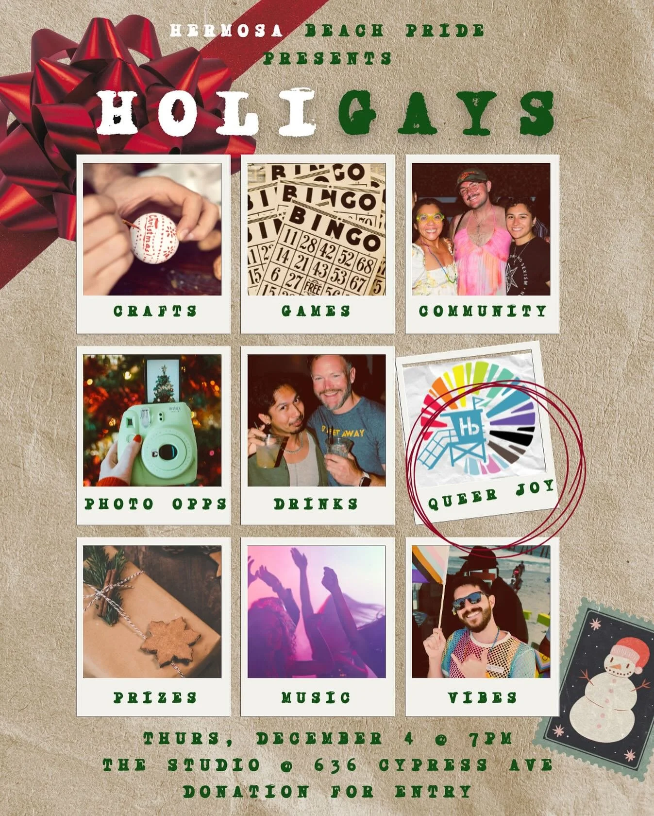 Love, light and HoliGAYS in Hermosa Beach🎁🌈 You are invited to celebrate the season (and each other) for our annual HoliGAYS event! Details below 👇

📆 Thursday, December 4
⏰ 7-9 PM
📍 The Studio | 636 Cypress Ave
☃️ 21+ 
🎟️ Donation of food, clo