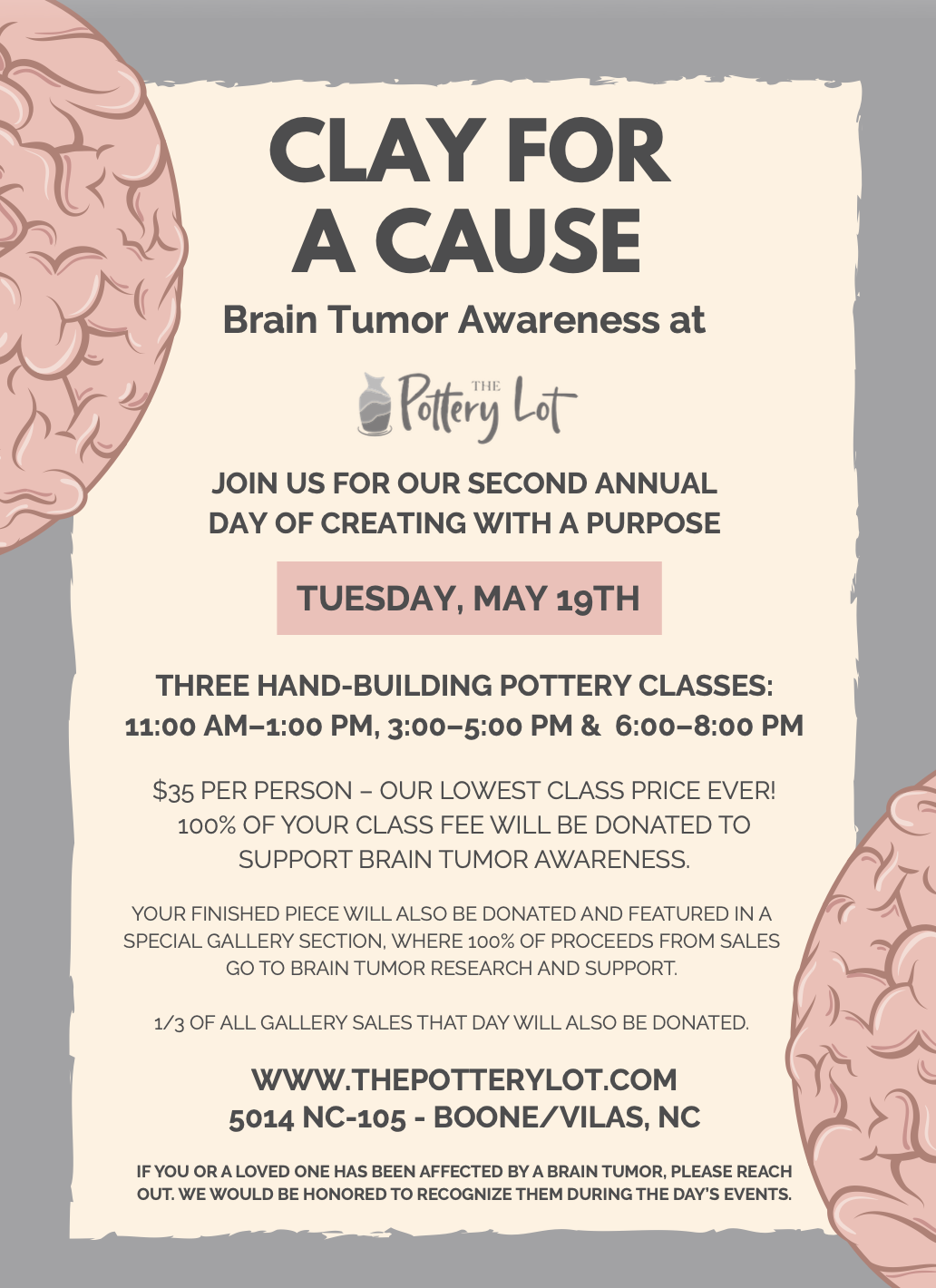Clay for a Cause: Brain Tumor Awareness @ The Pottery Lot