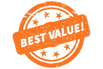 Orange badge with a circular border and stars, with a ribbon across the center reading 'Best Value!'