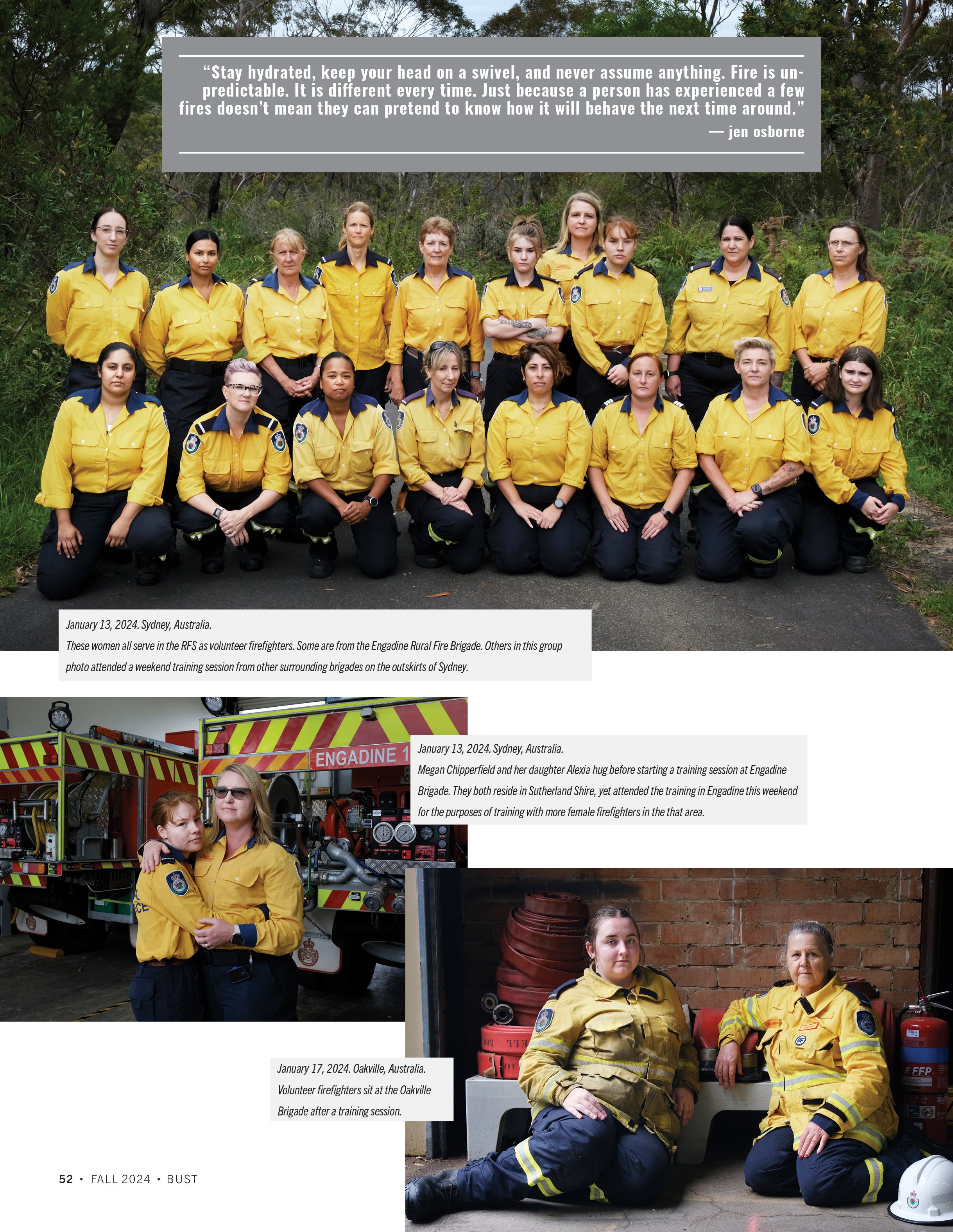 Group of female volunteer firefighters in yellow uniforms, Sydney, Australia, January 2024. Captions describe their role in training at Engadine Rural Fire Brigade and Oakville Brigade.