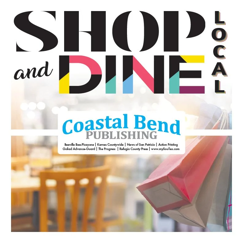 A promotional flyer with the text 'Shop and Dine' in large colorful letters, along with 'Local' written vertically. It features the logo of Coastal Bend Publishing and mentions various local news outlets, advertising a shopping and dining event or guide.